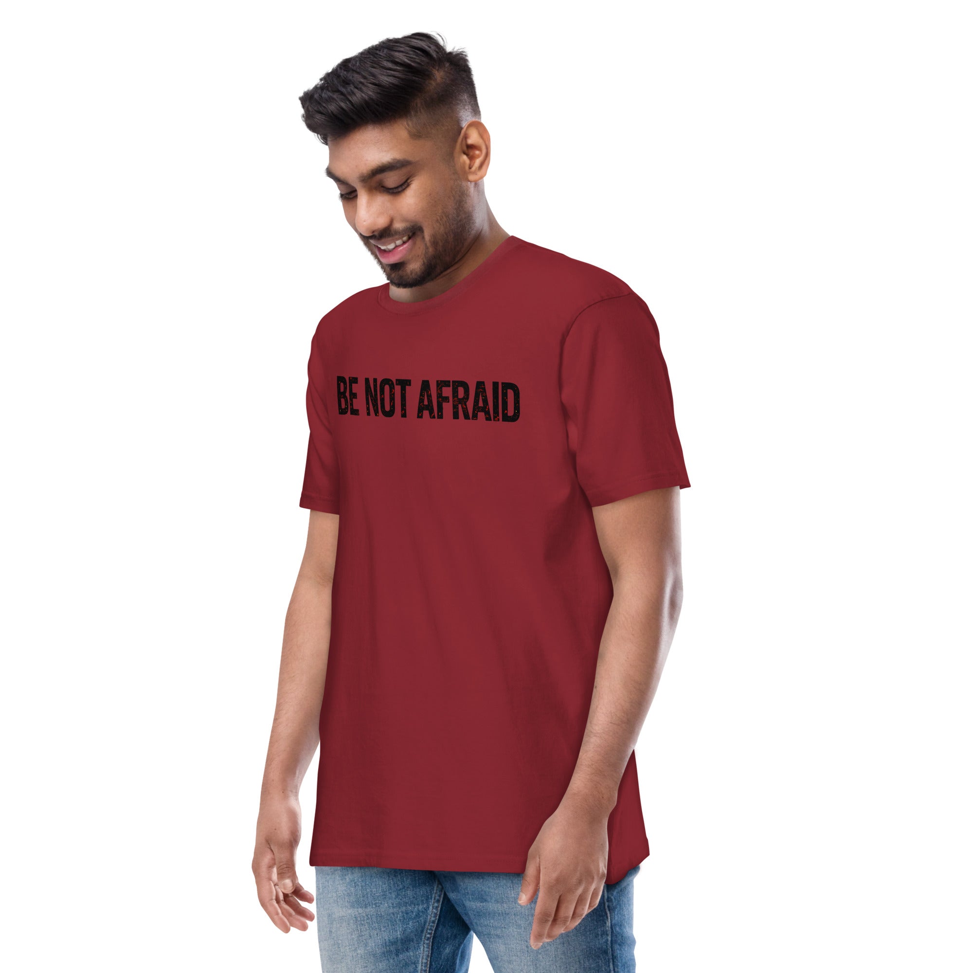 “Be Not Afraid T-Shirt for Men – Christian Premium Cotton Heritage Tee in brick red with bold faith typography”