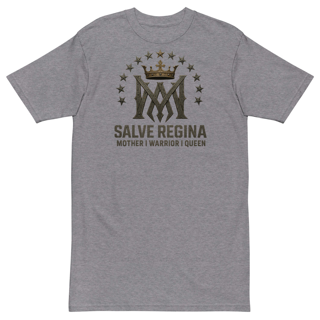 Salve Regina Men’s Premium Heavyweight Tee – charcoal shirt with Marian crown and 12 stars, featuring 'Mother | Warrior | Queen