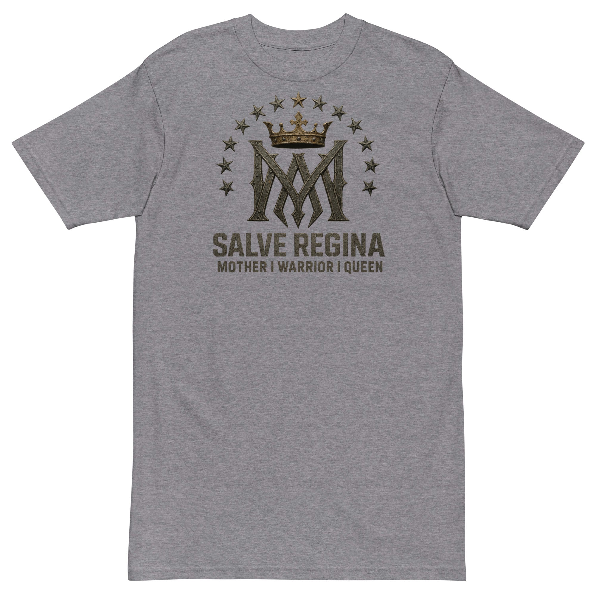 Salve Regina Men’s Premium Heavyweight Tee – charcoal shirt with Marian crown and 12 stars, featuring 'Mother | Warrior | Queen