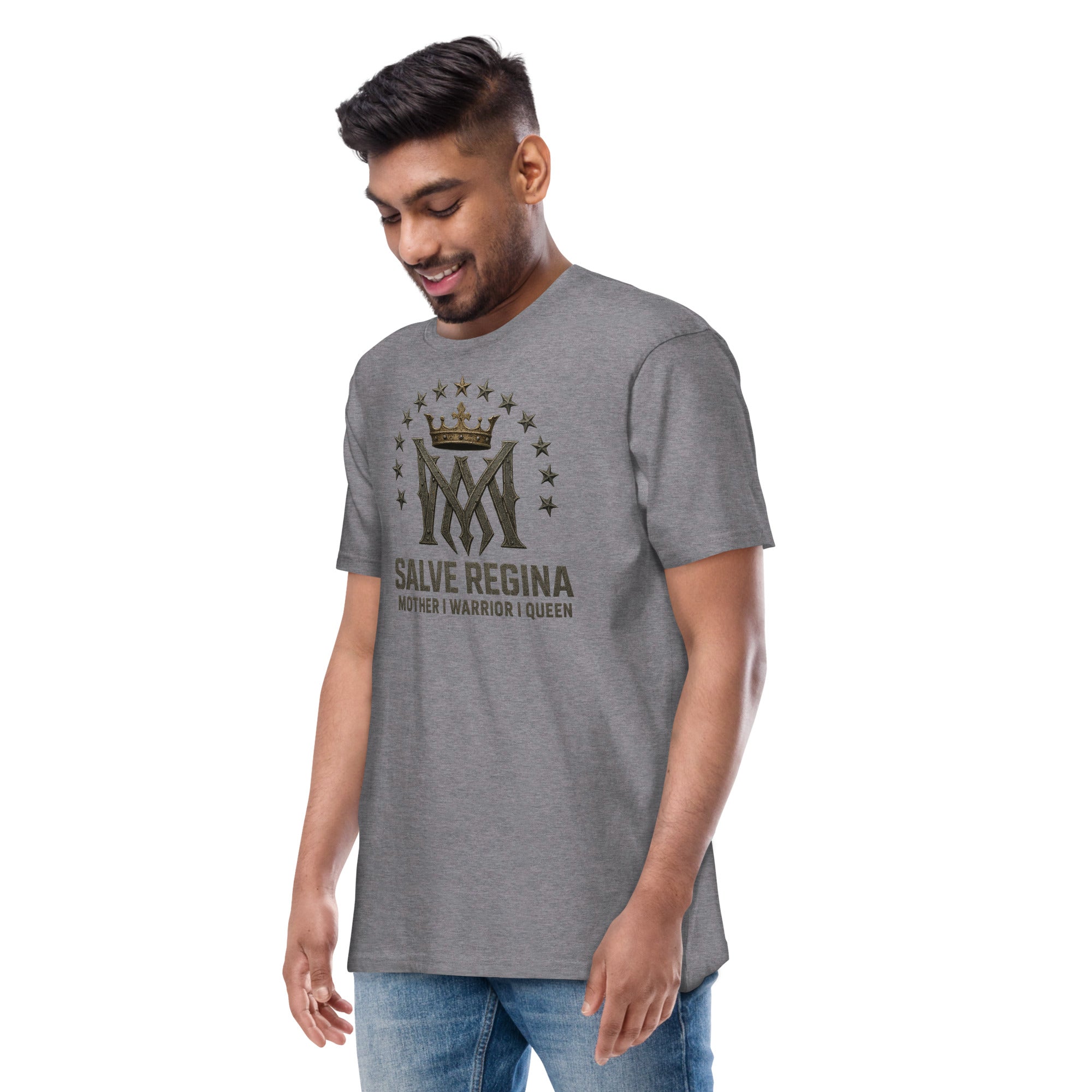 Salve Regina Men’s Premium Heavyweight Tee – charcoal shirt with Marian crown and 12 stars, featuring 'Mother | Warrior | Queen