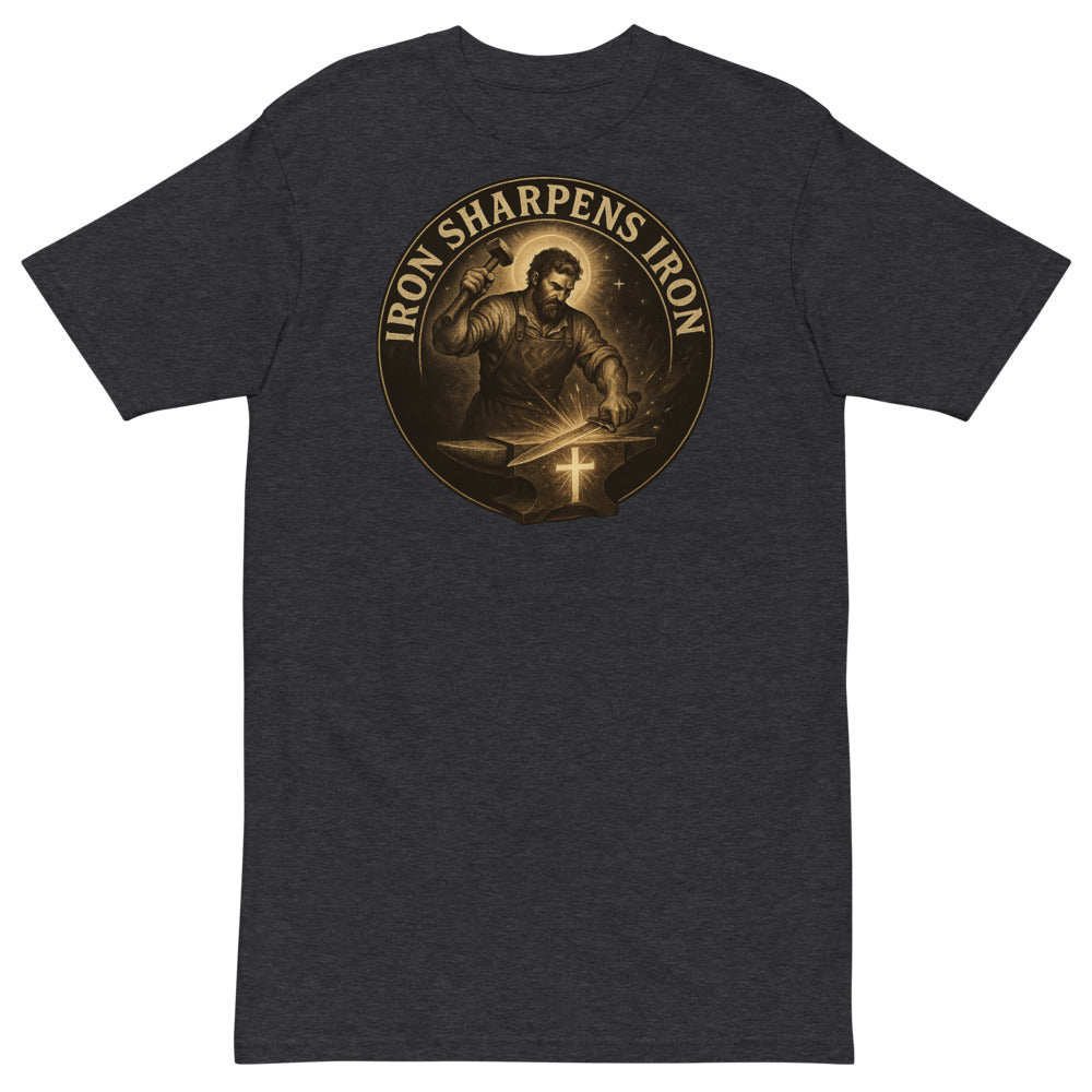 Black t-shirt with a gold graphic and text on the back, featuring a religious theme.