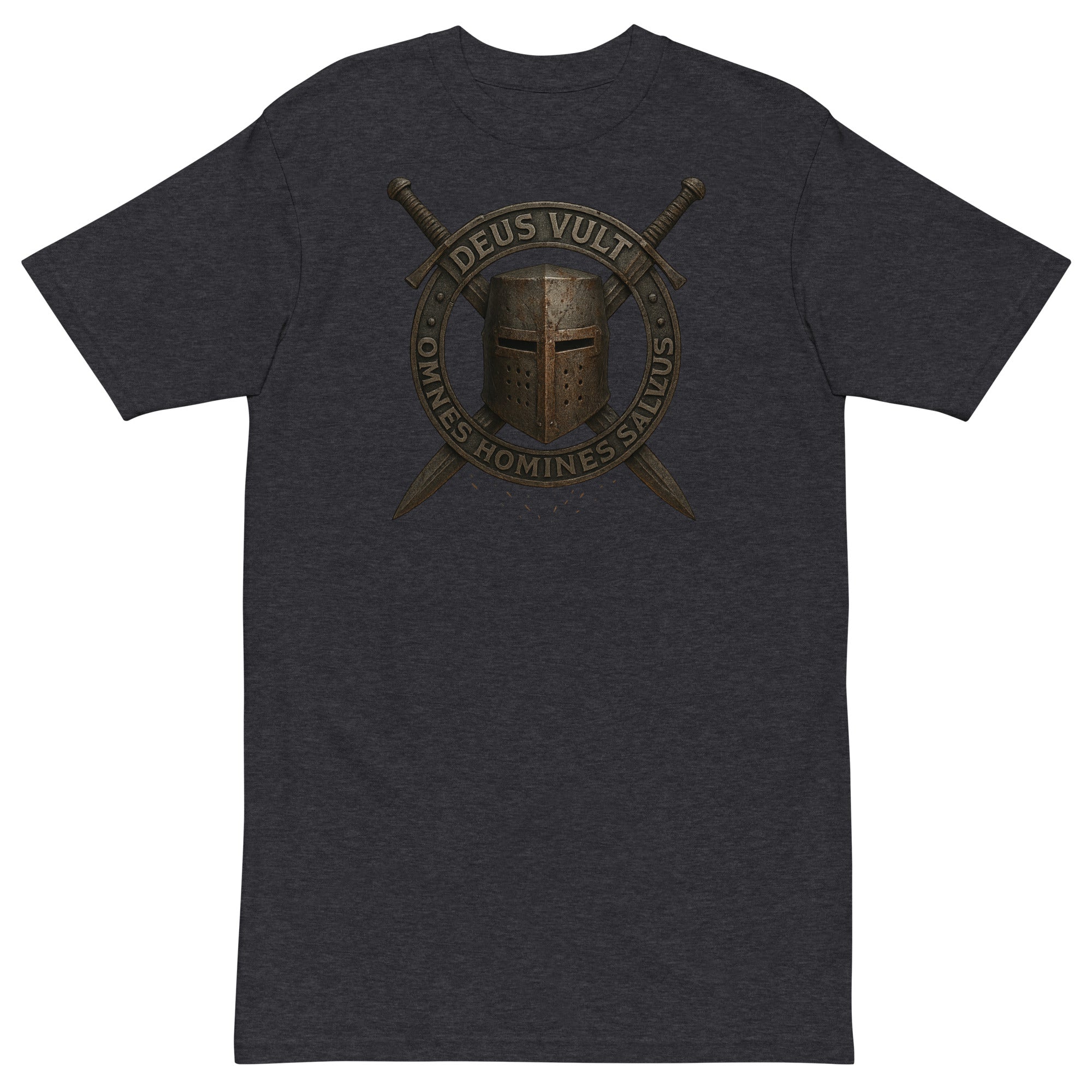 Charcoal men’s premium heavyweight t-shirt with Deus Vult Knight’s Crest design featuring medieval helmet and crossed swords, Cotton Heritage.