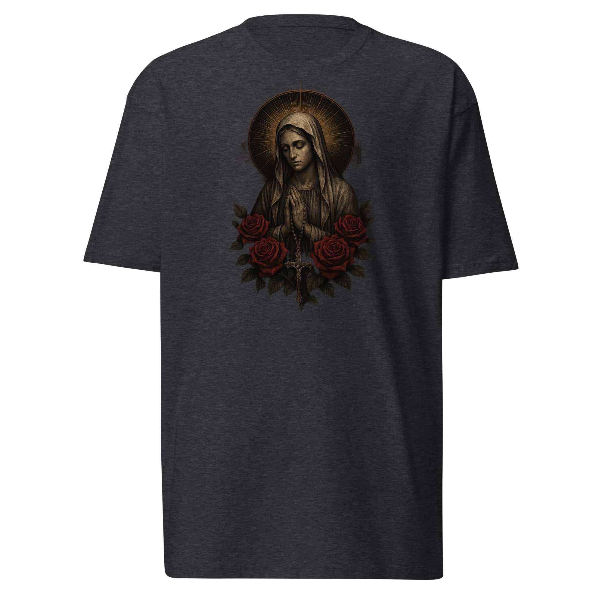Charcoal premium heavyweight t-shirt with illustrated Our Lady of Sorrows praying, surrounded by red roses and golden halo.