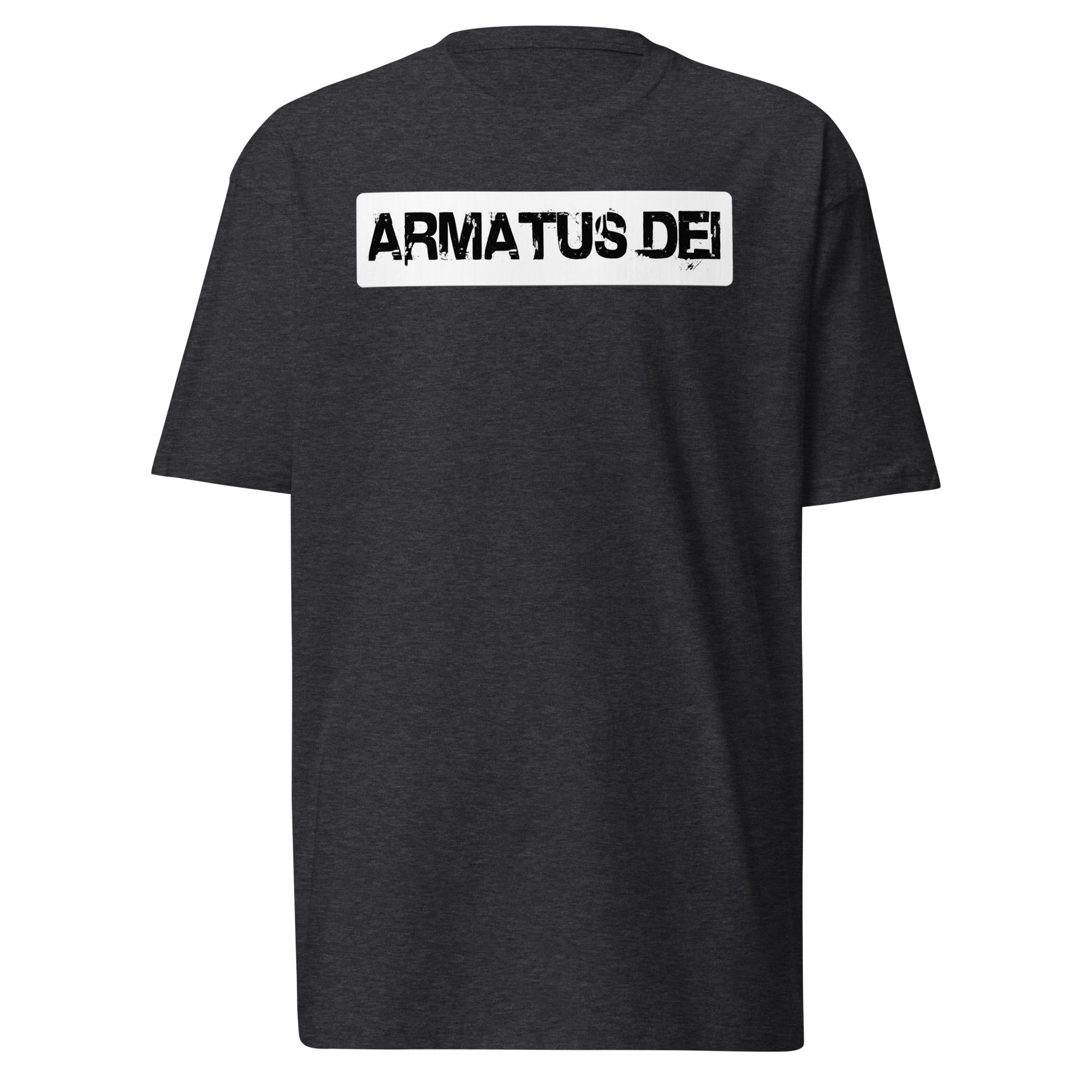 charcoal Armatus Dei logo t-shirt with bold distressed white lettering on the front, men’s premium heavyweight Cotton Heritage tee.