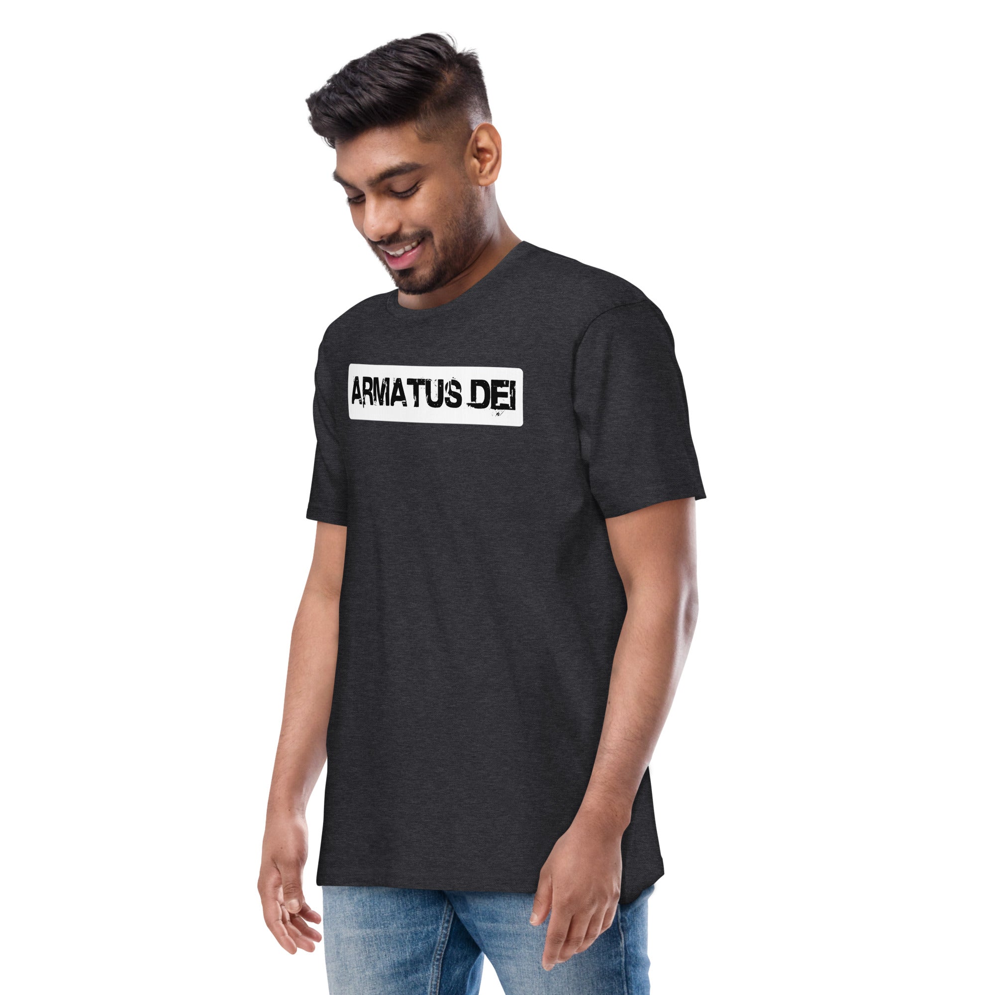charcoal Armatus Dei logo t-shirt with bold distressed white lettering on the front, men’s premium heavyweight Cotton Heritage tee.