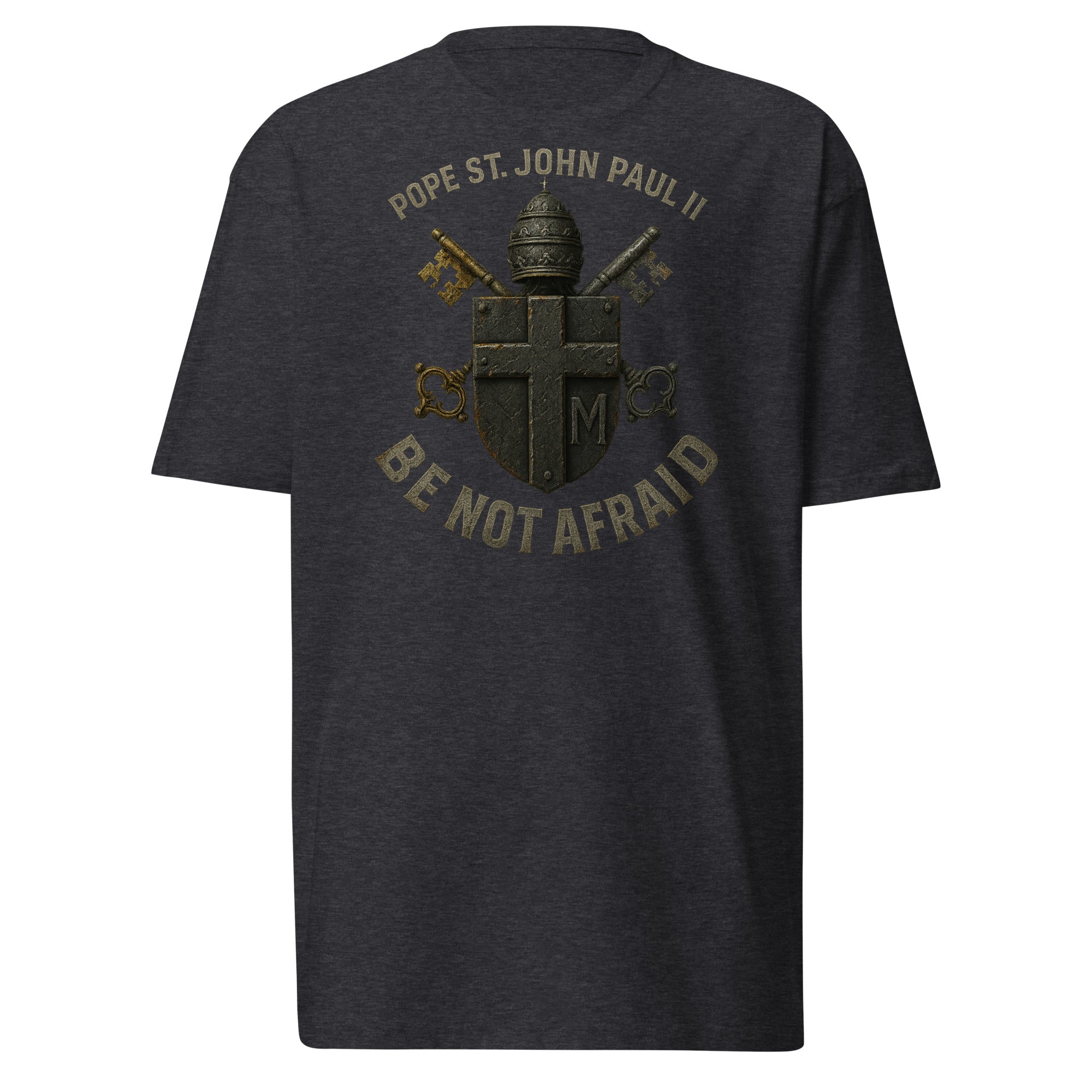 Charcoal Pope St. John Paul II "Be Not Afraid" men's Catholic T-shirt with papal tiara, crossed keys, and cross shield design.