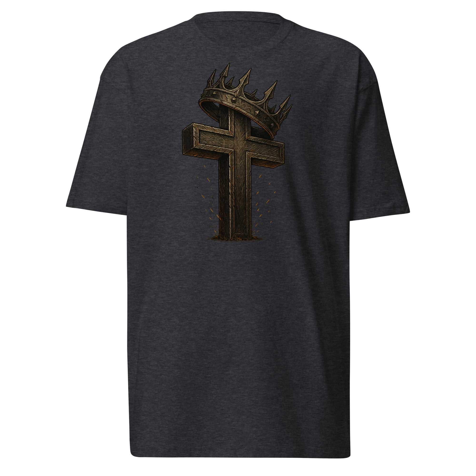 Charcoal Catholic men’s t-shirt featuring a bold wooden cross crowned with thorns and a metal crown, symbolizing Christ’s victory and sacrifice.