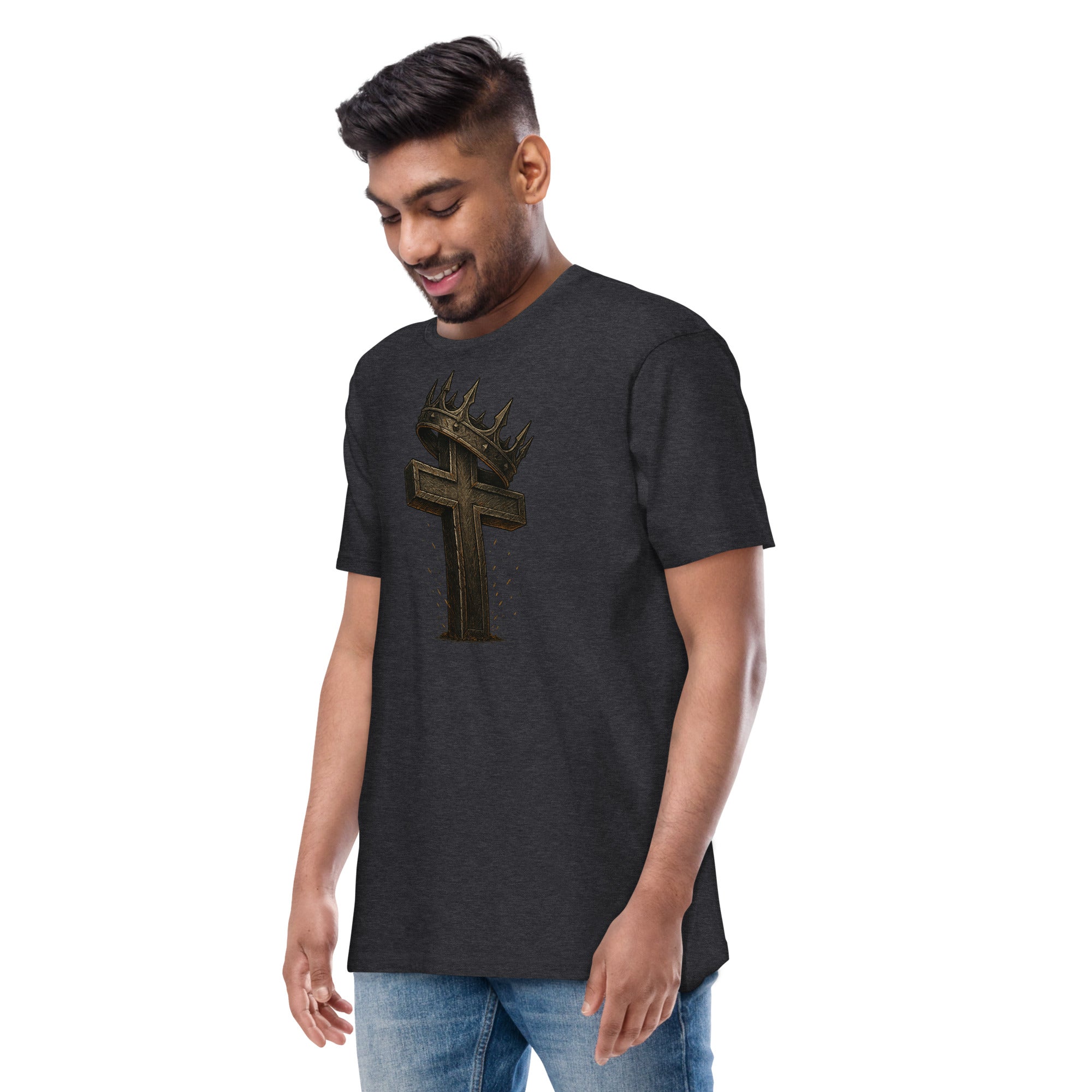 Charcoal Catholic men’s t-shirt featuring a bold wooden cross crowned with thorns and a metal crown, symbolizing Christ’s victory and sacrifice.
