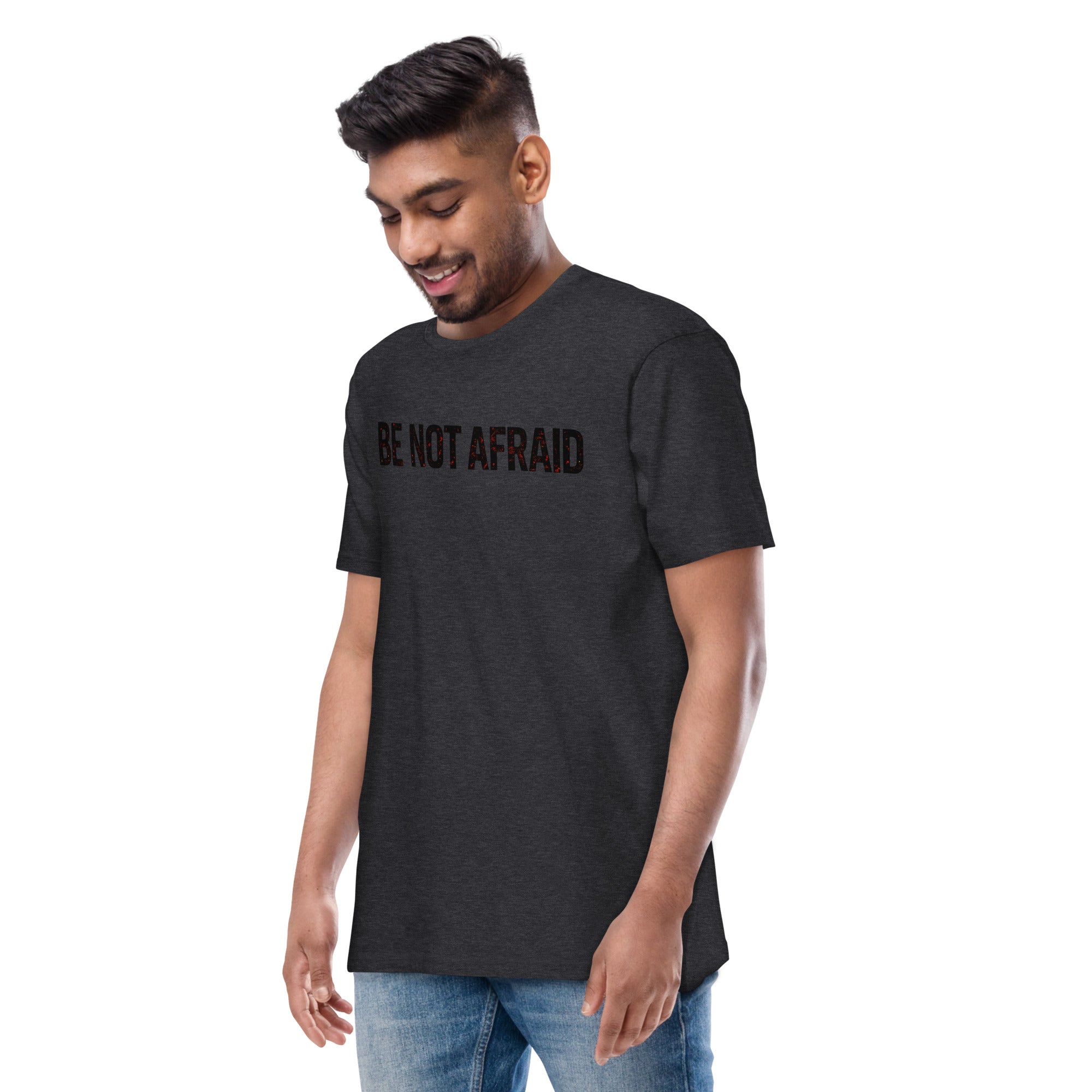 “Be Not Afraid T-Shirt for Men – Christian Premium Cotton Heritage Tee in dark heather gray with bold faith typography”