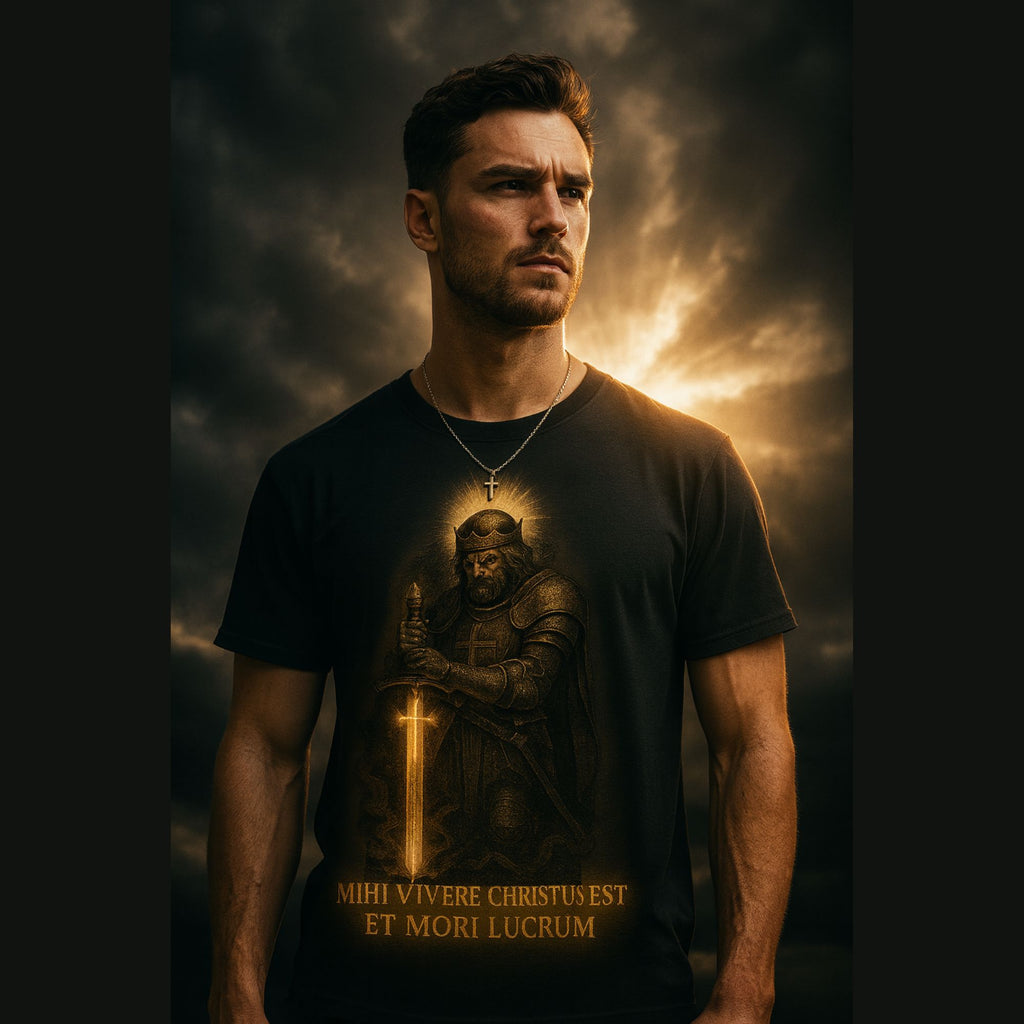 Man wearing a black t-shirt with a warrior graphic and text on a white background