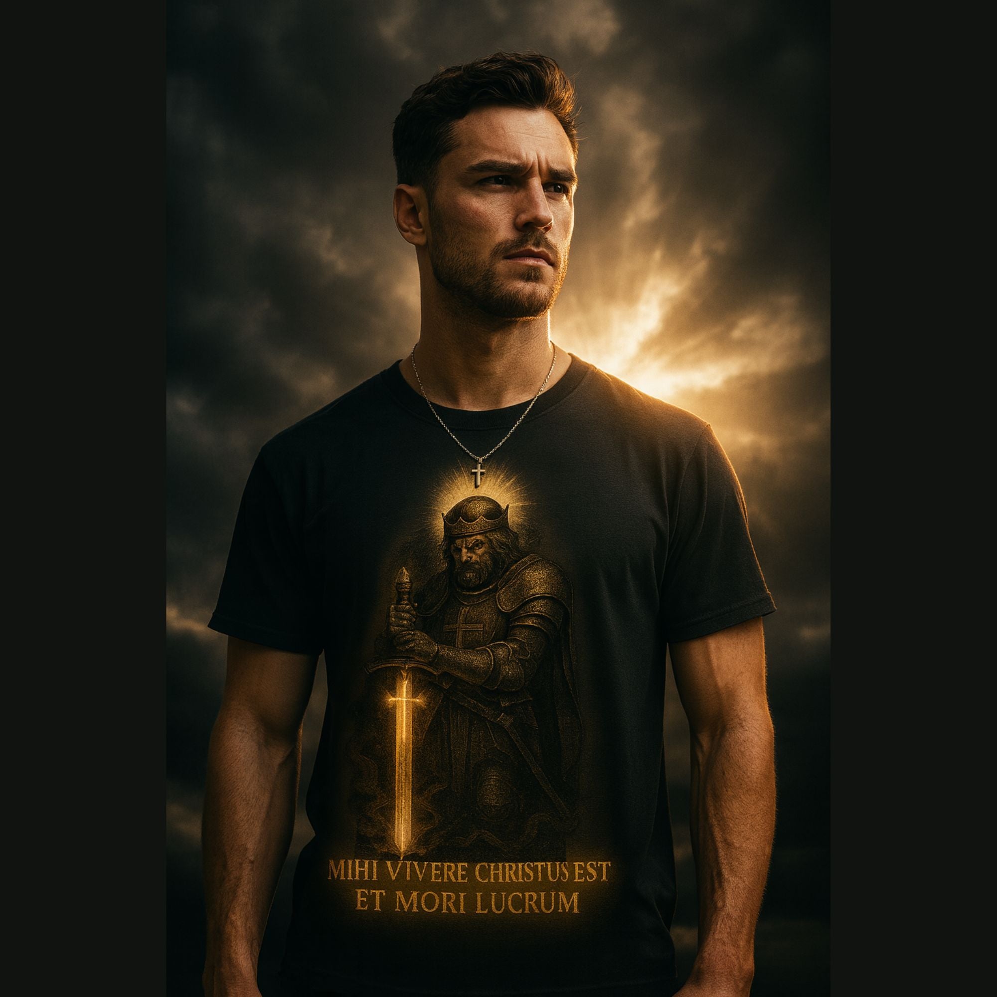 Man wearing a black t-shirt with a warrior graphic and text on a white background