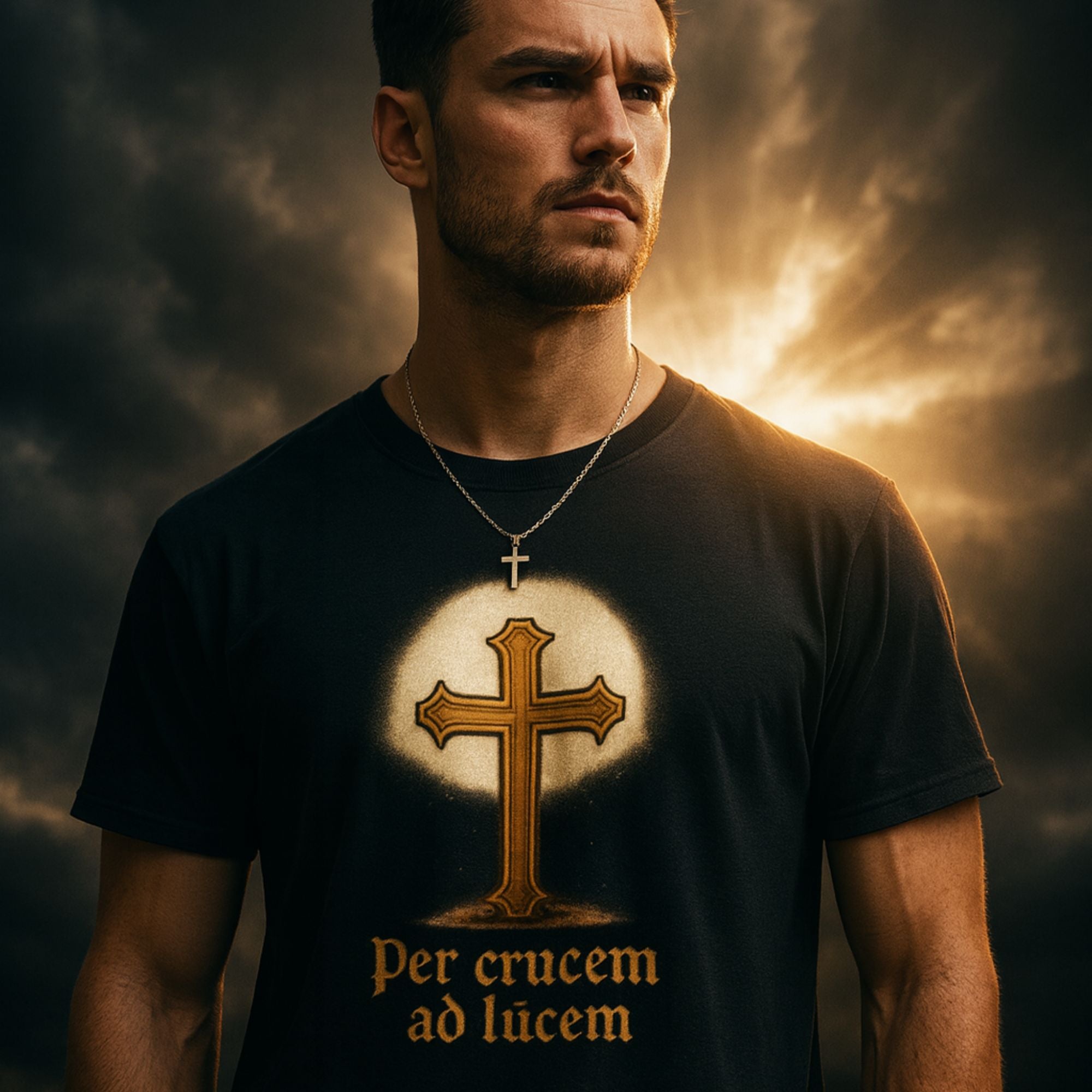 Man wearing a black t-shirt with a cross design and text against a dramatic sky.