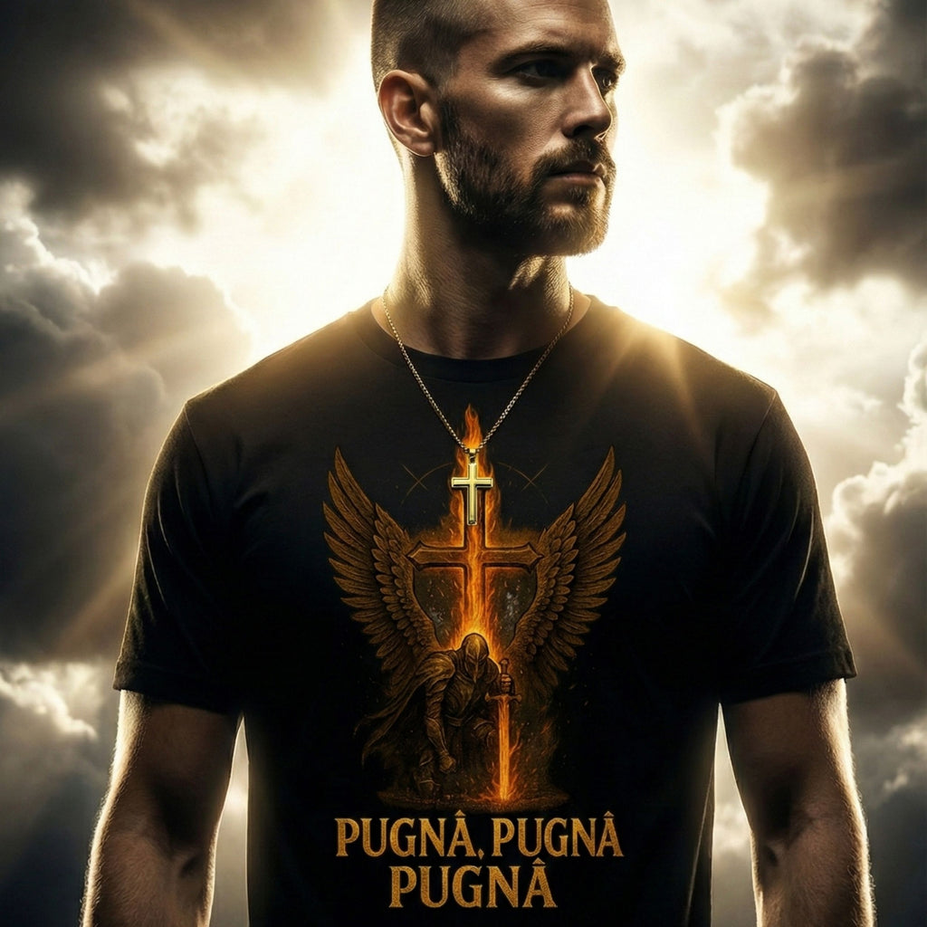 Man wearing a black t-shirt with a graphic design and 'PUGNA' text against a dramatic sky.