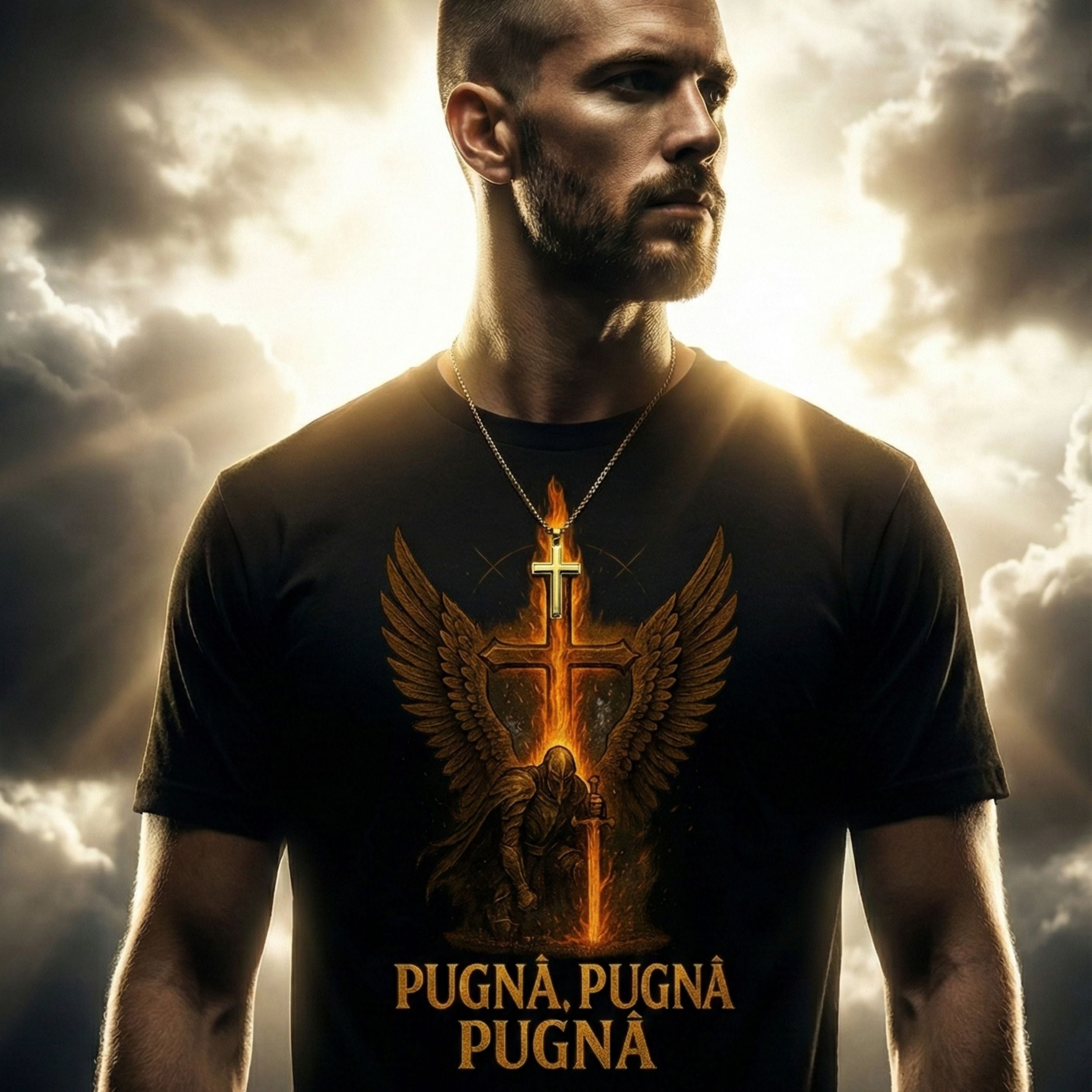 Man wearing a black t-shirt with a graphic design and 'PUGNA' text against a dramatic sky.