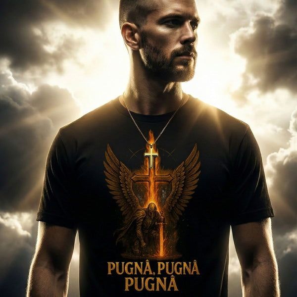 Man wearing a black t-shirt with a graphic design and 'PUGNA' text against a dramatic sky.
