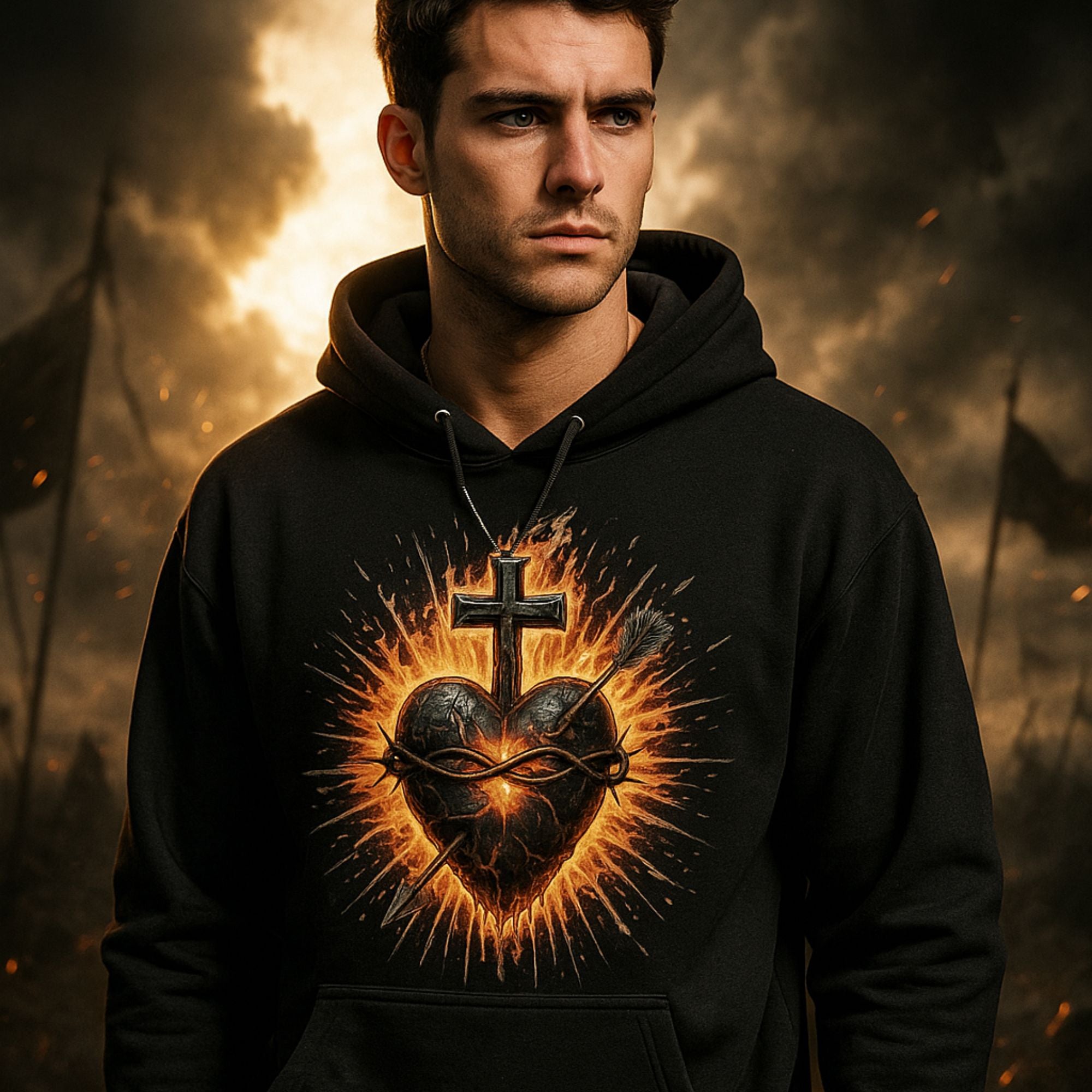 Man wearing a black hoodie with a heart and cross design against a fiery background