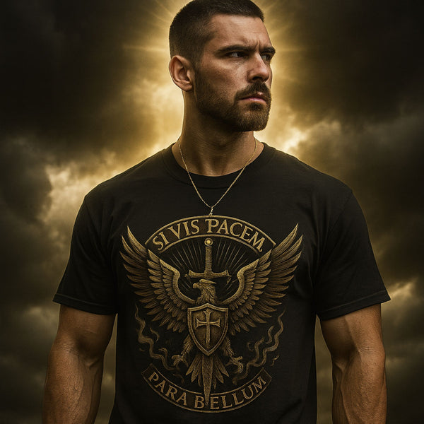 Man wearing a black t-shirt with a gold emblem and text against a dramatic sky background