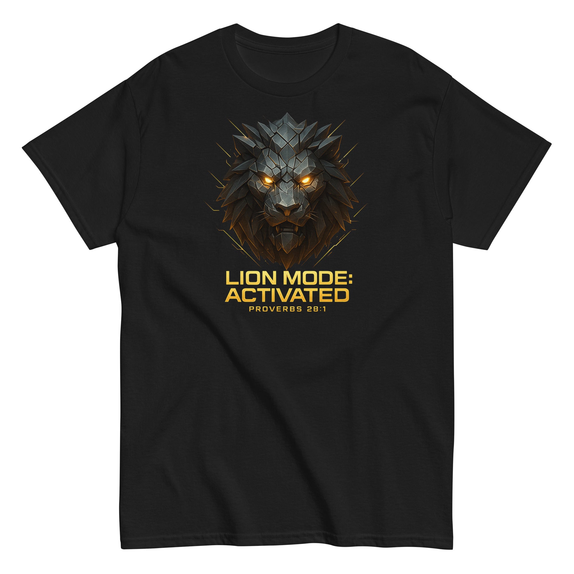 Black t-shirt with a lion graphic and 'Lion Mode: Activated' text on a white background