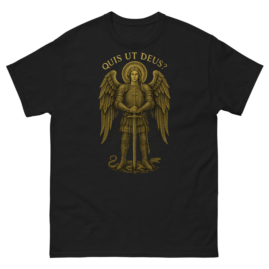Black t-shirt with gold angel graphic and 'Quis ut Deus?' text on a white background