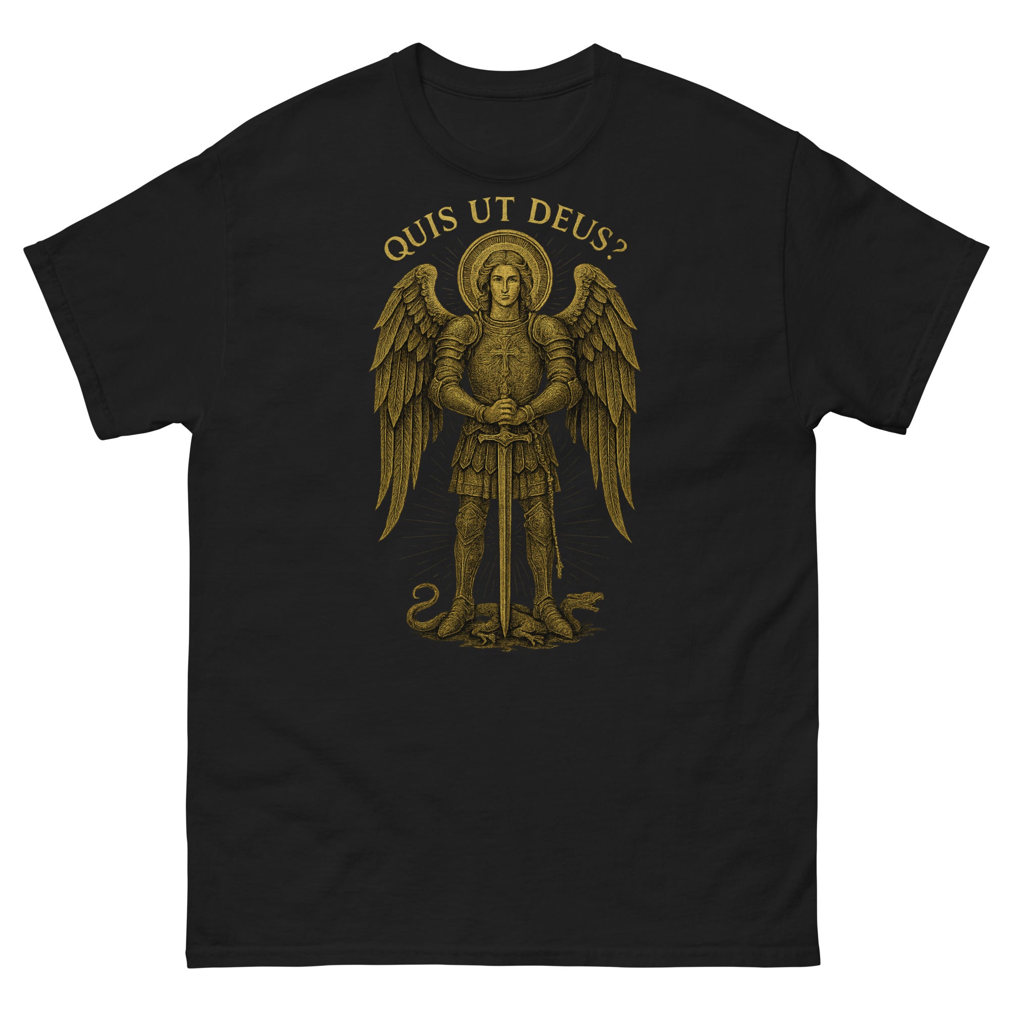 Black t-shirt with gold angel graphic and 'Quis ut Deus?' text on a white background