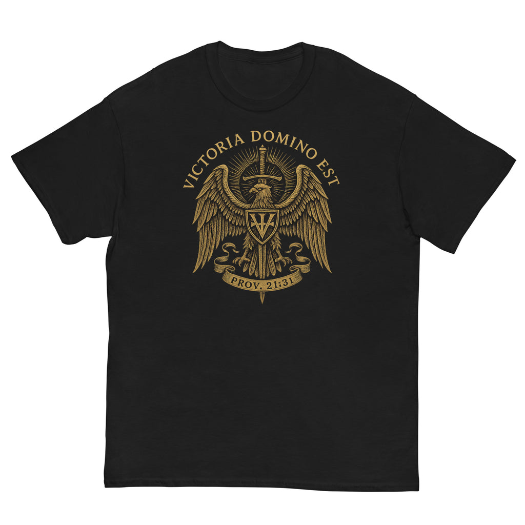 Black t-shirt with gold eagle emblem and text on a white background