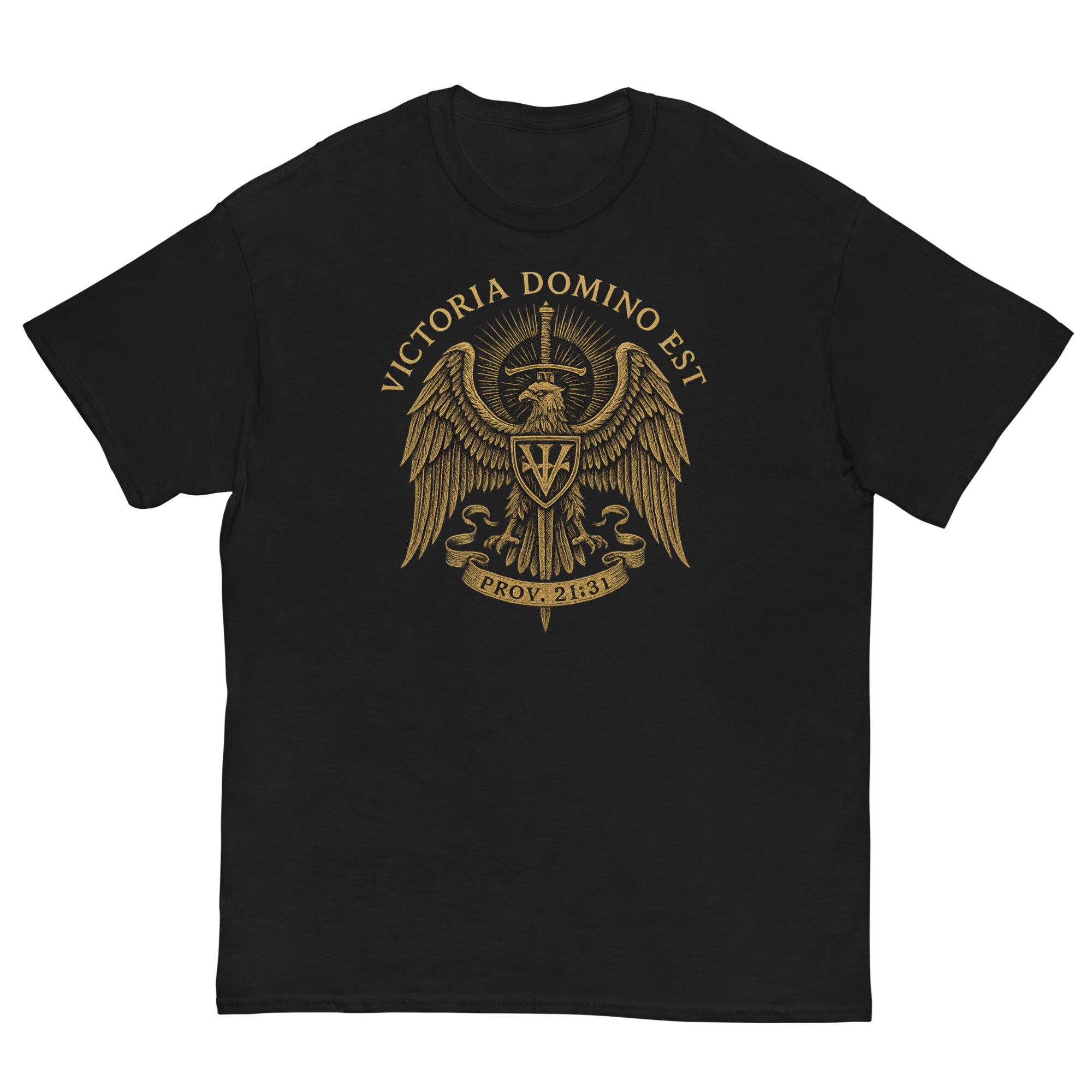 Black t-shirt with gold eagle emblem and text on a white background