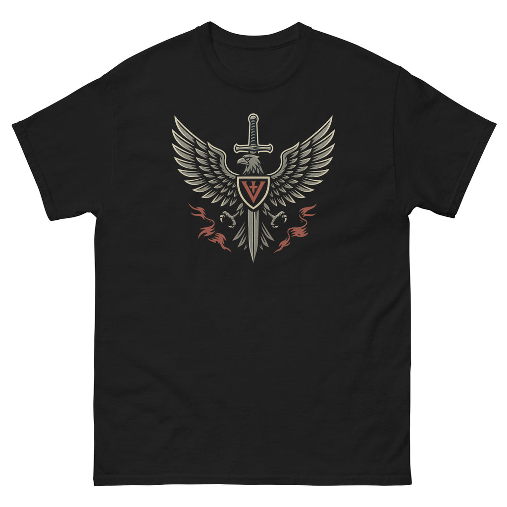 Black t-shirt with a central emblem featuring a sword and wings on a white background