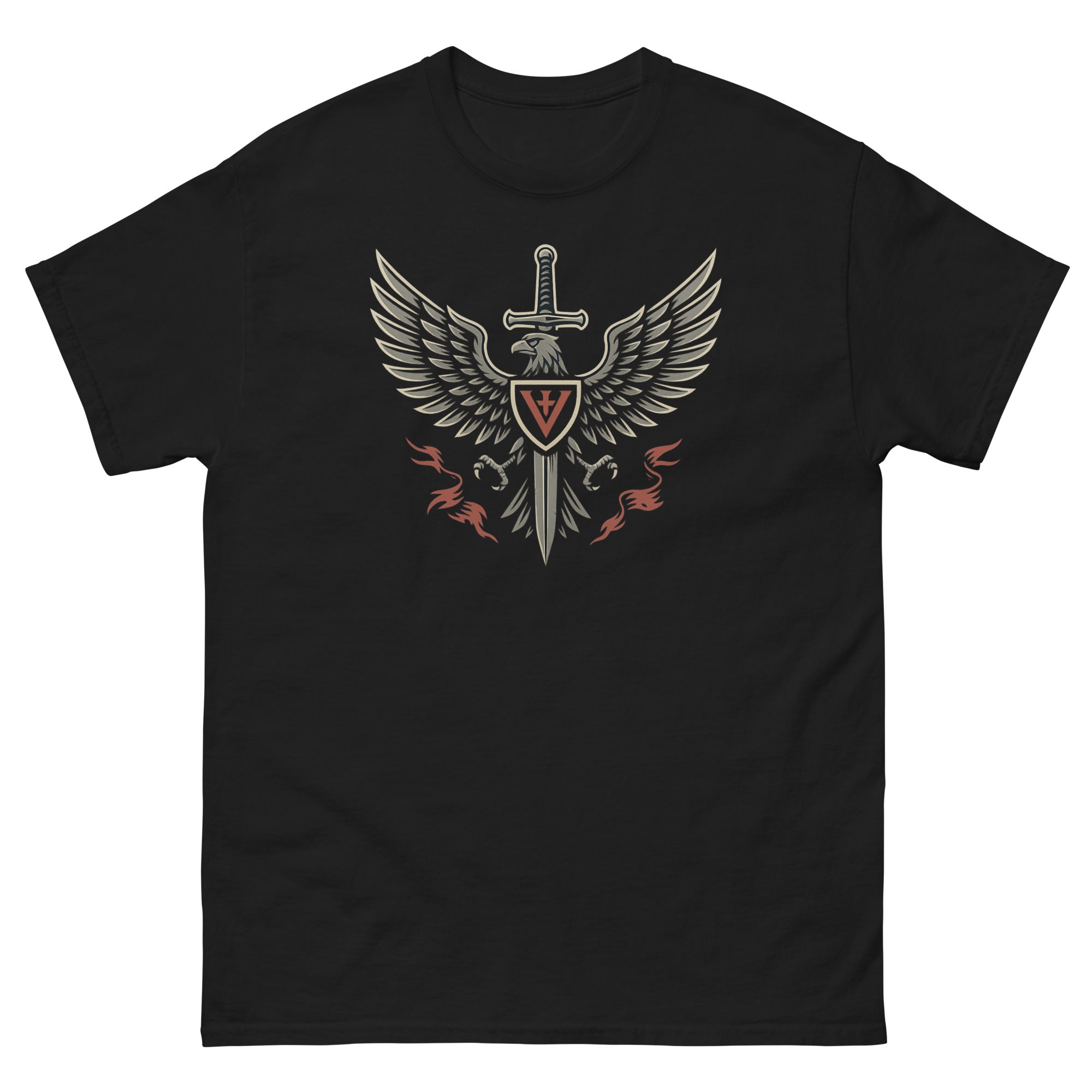 Black t-shirt with a central emblem featuring a sword and wings on a white background