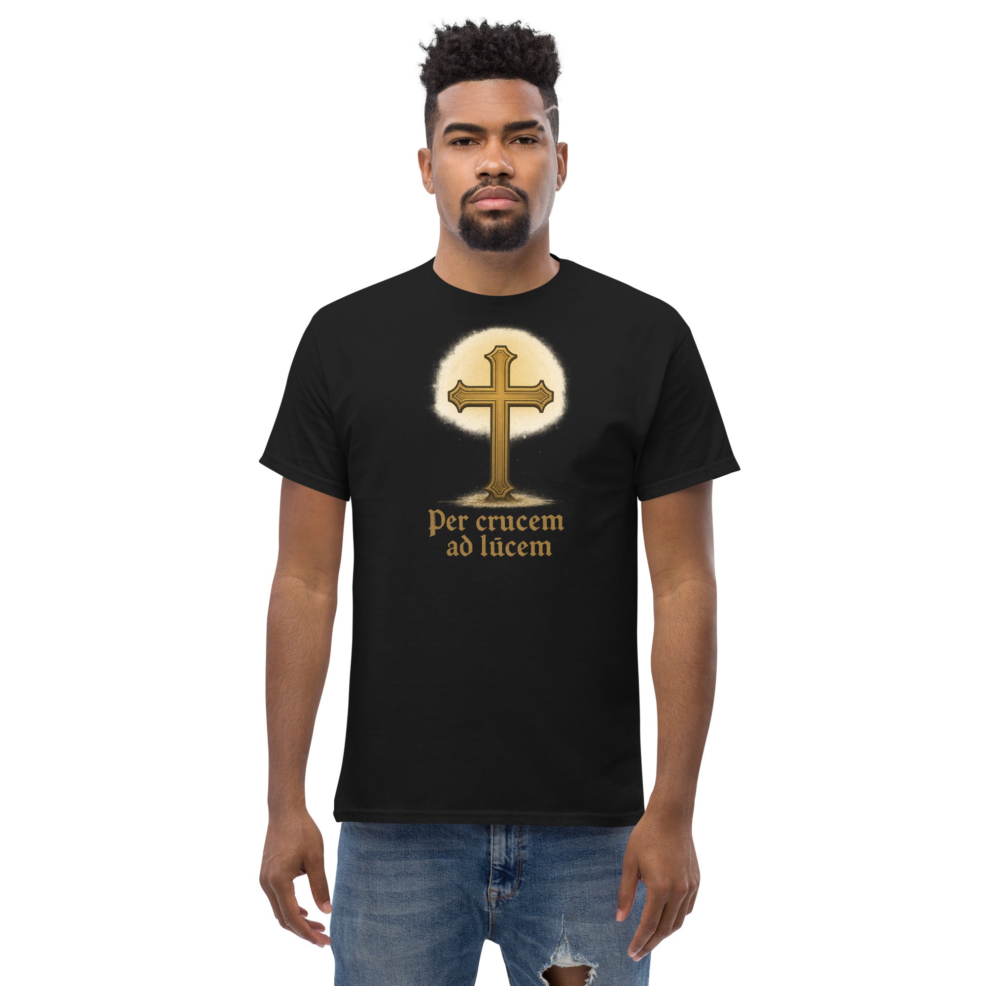 Man wearing a black t-shirt with a gold cross design and text on a white background