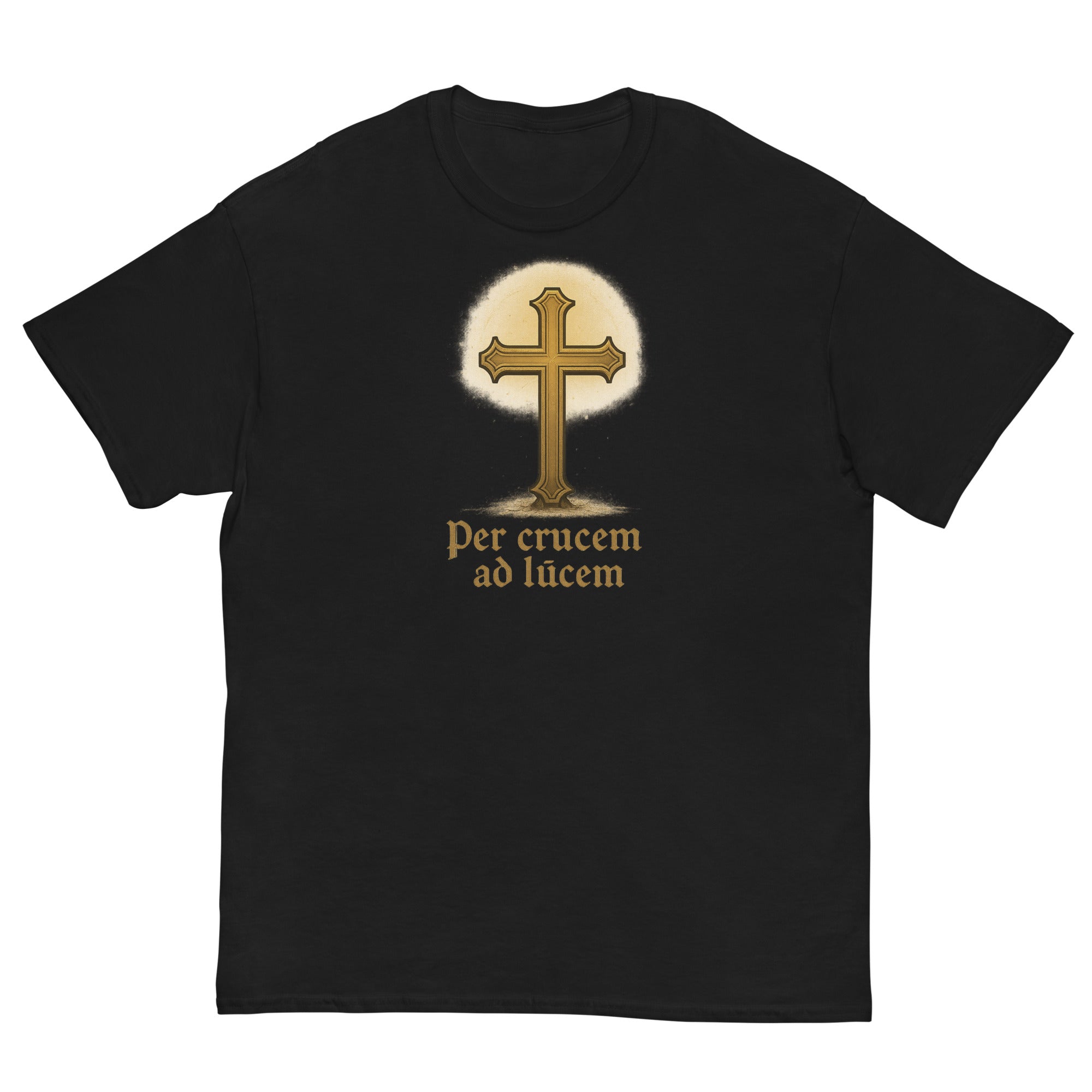 Black t-shirt with a gold cross design and text on a white background
