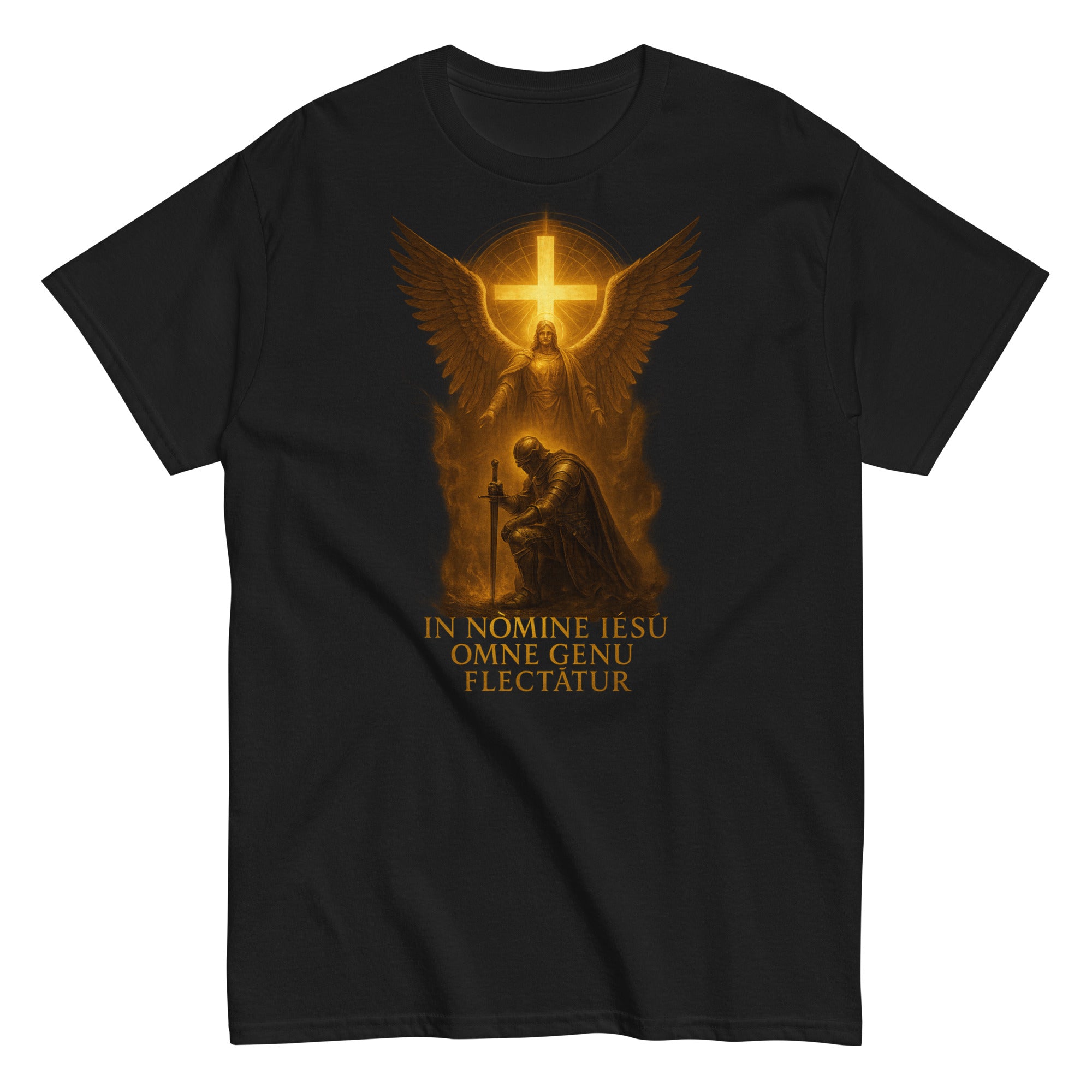 Black t-shirt with a religious design featuring an angel and cross on a white background