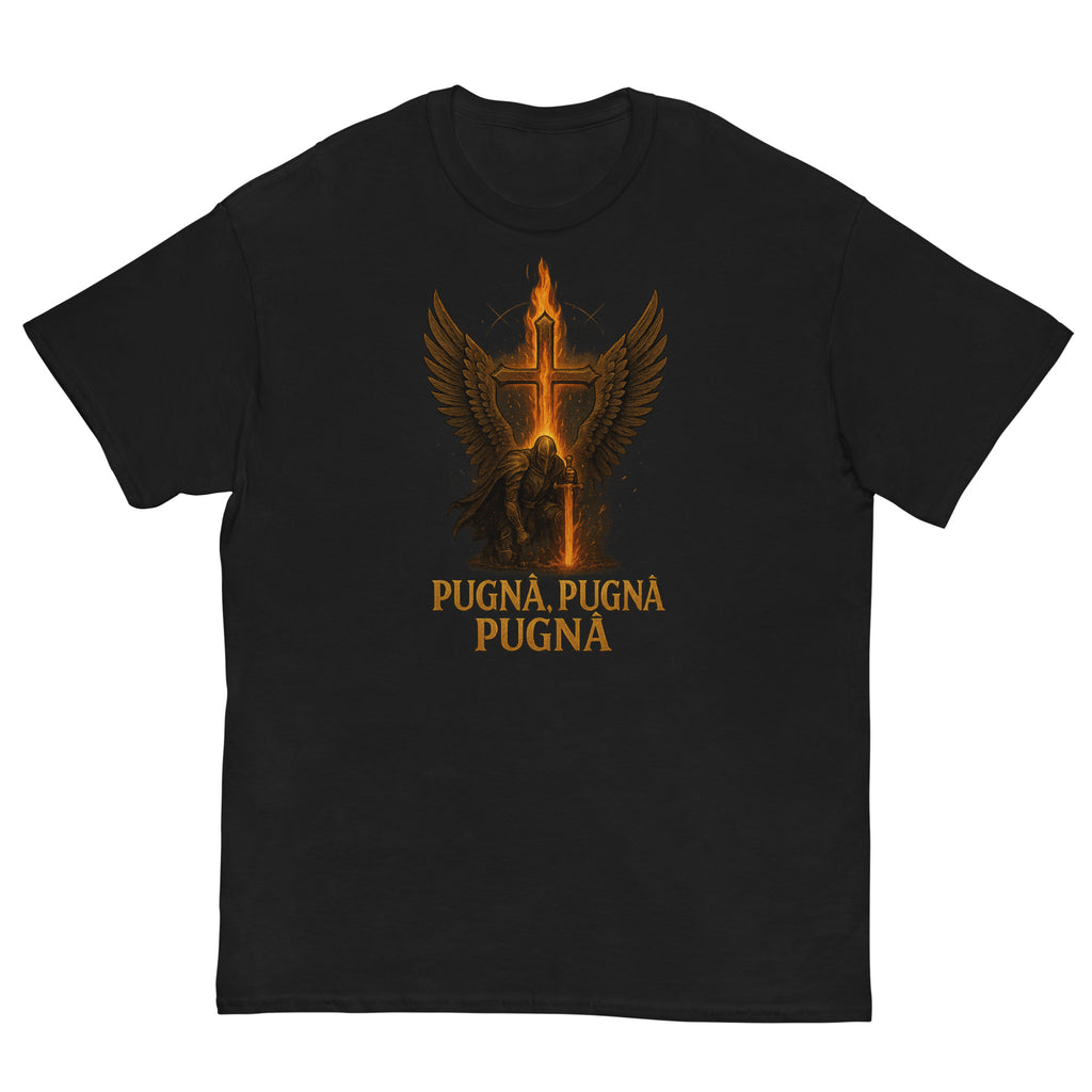 Black t-shirt with a gold graphic and 'PUGNA, PUGNA, PUGNA' text on a white background