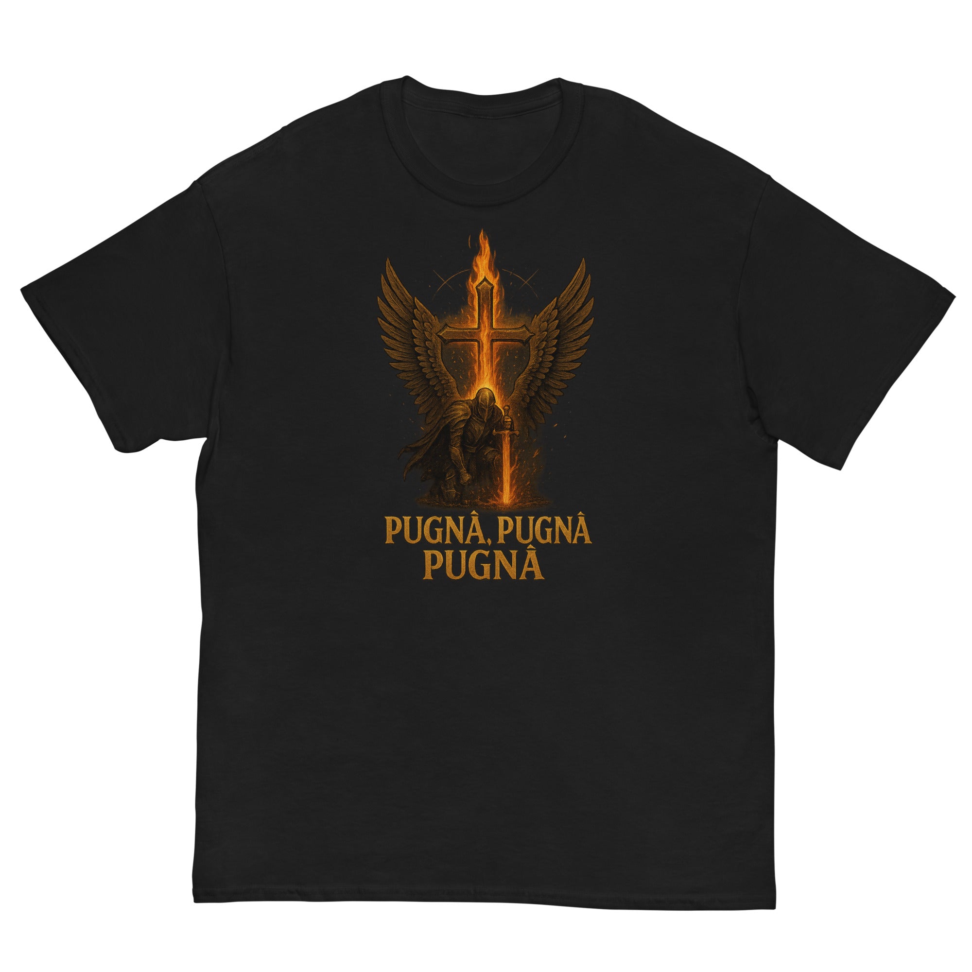 Black t-shirt with a gold graphic and 'PUGNA, PUGNA, PUGNA' text on a white background