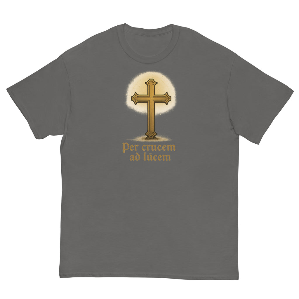 Gray t-shirt with a gold cross design and text on a white background