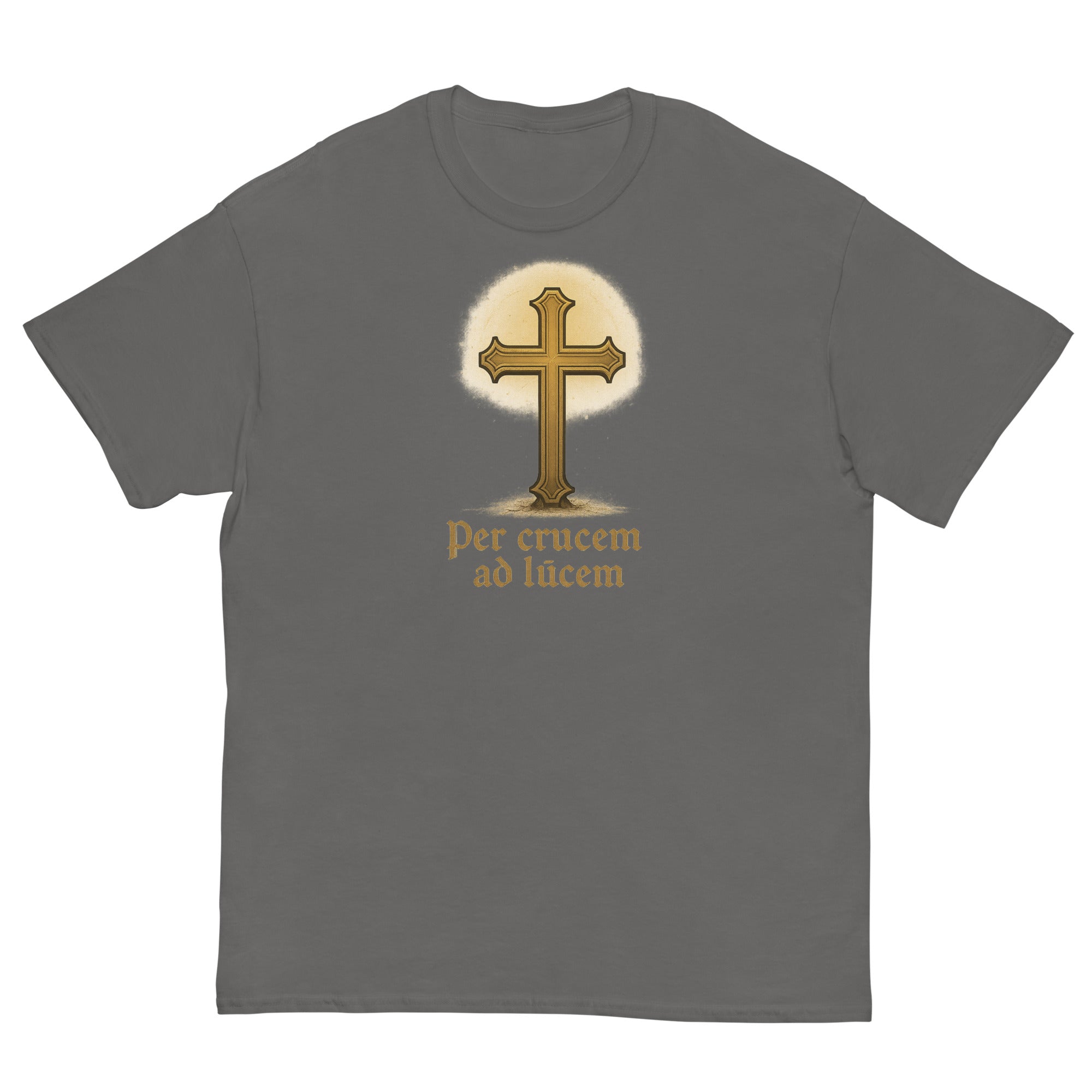 Gray t-shirt with a gold cross design and text on a white background
