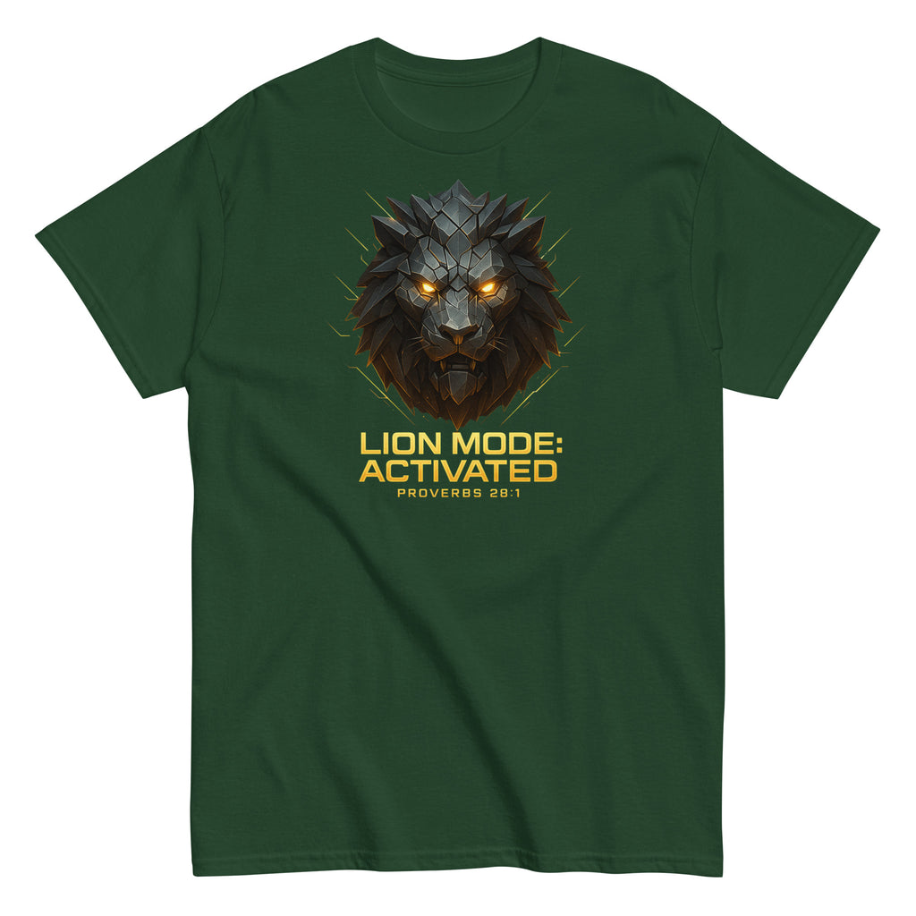 Green t-shirt with a lion graphic and text on a white background