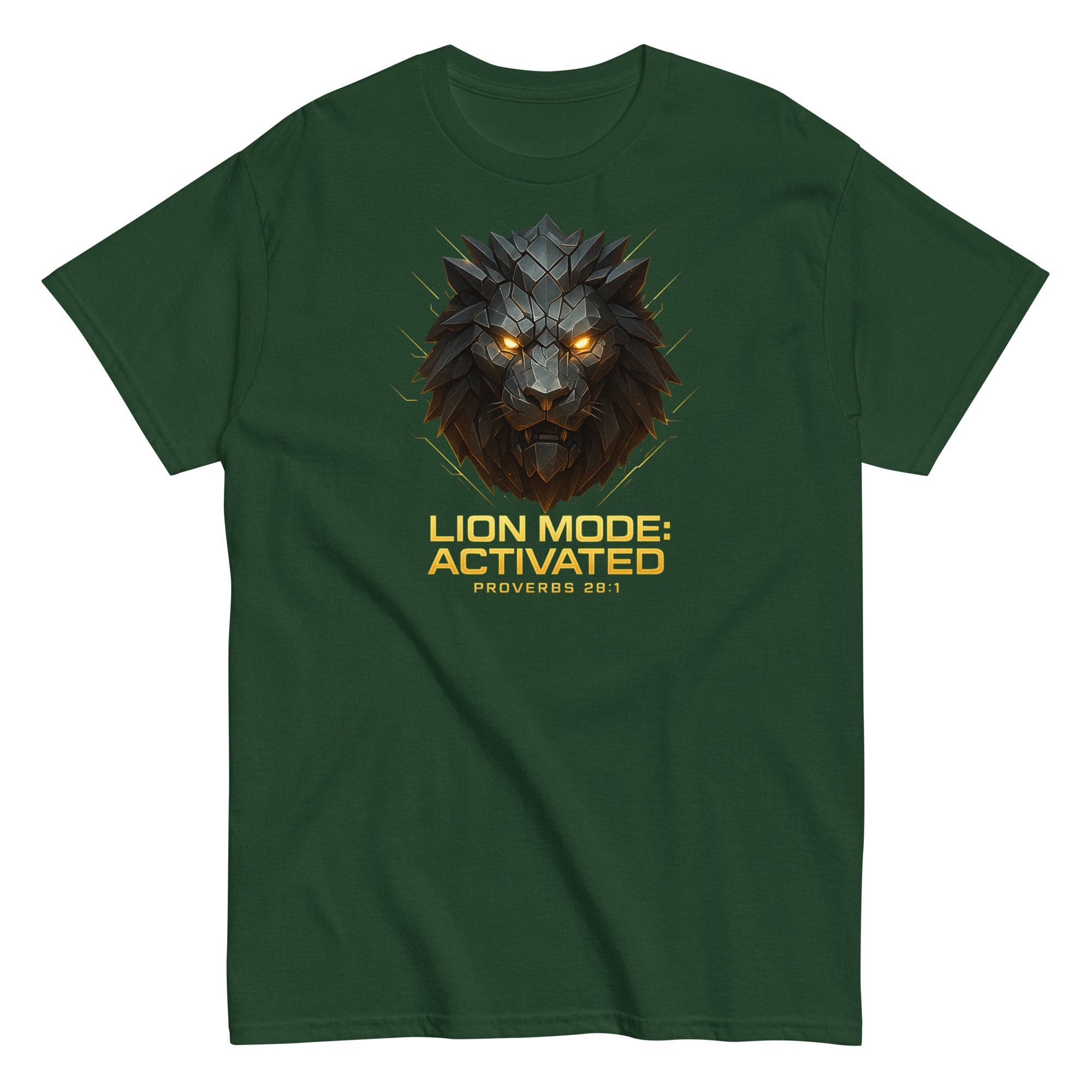 Green t-shirt with a lion graphic and text on a white background
