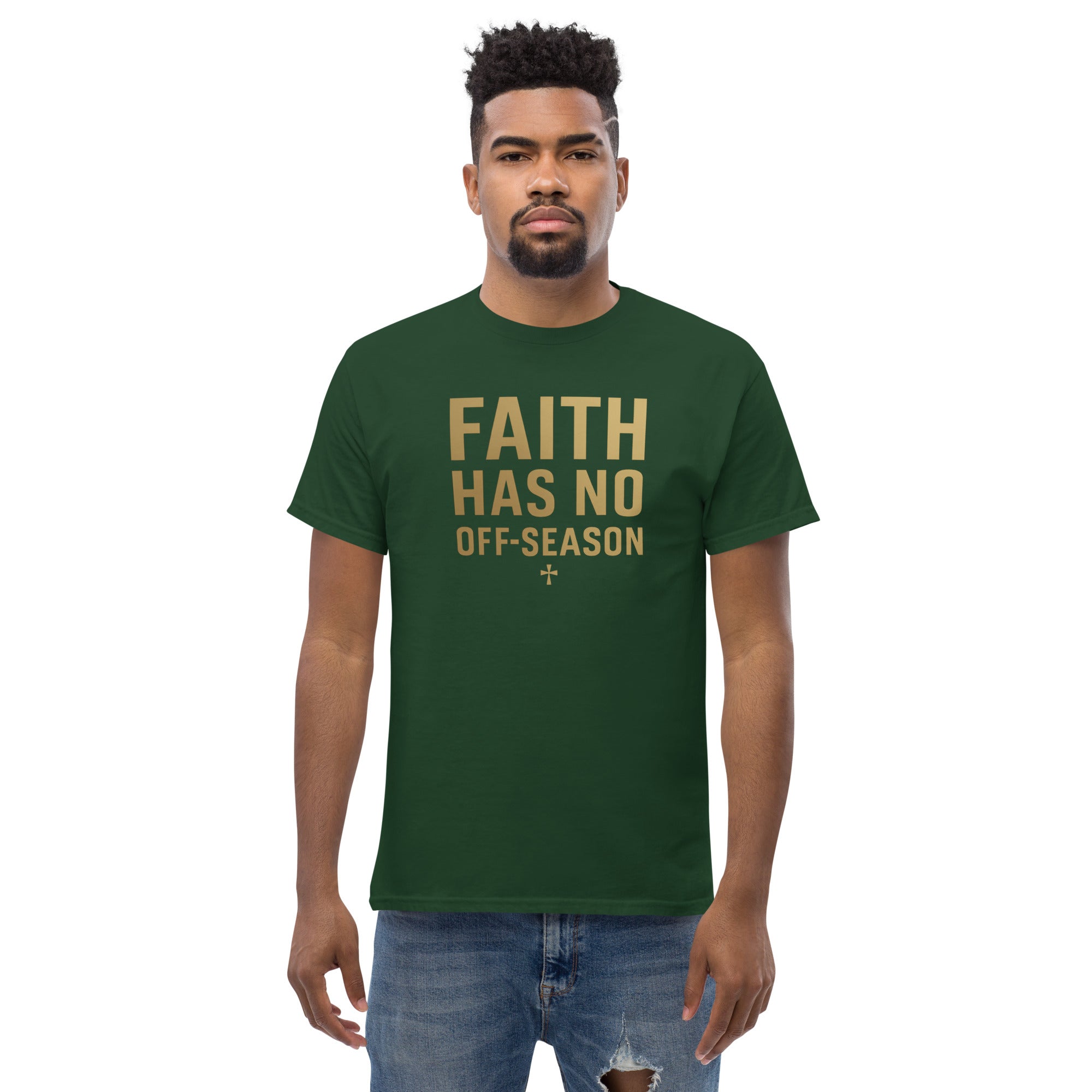 Man wearing a green t-shirt with 'Faith Has No Off-Season' text on a white background