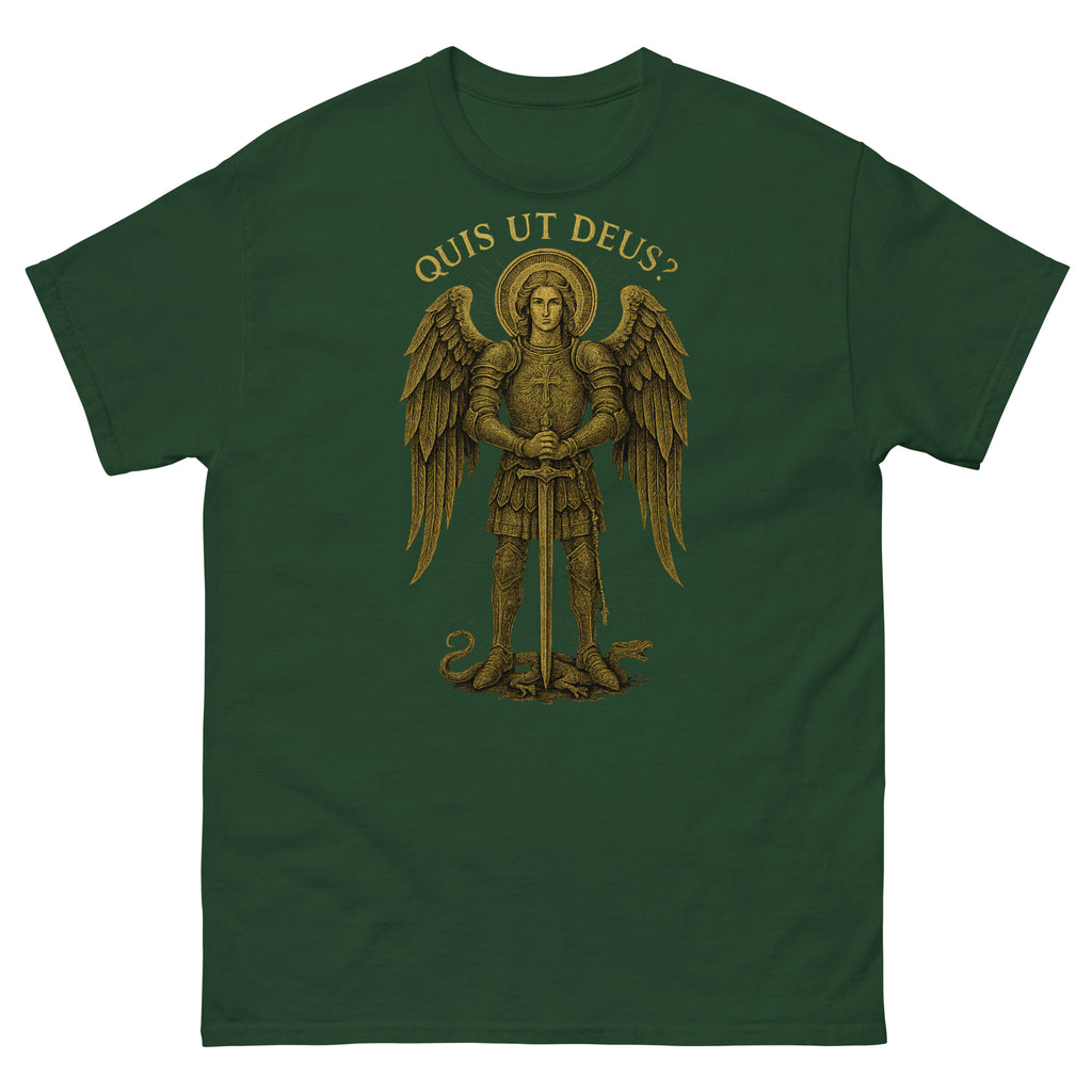 Green t-shirt with gold angel graphic and 'Quis Ut Deus?' text on a white background