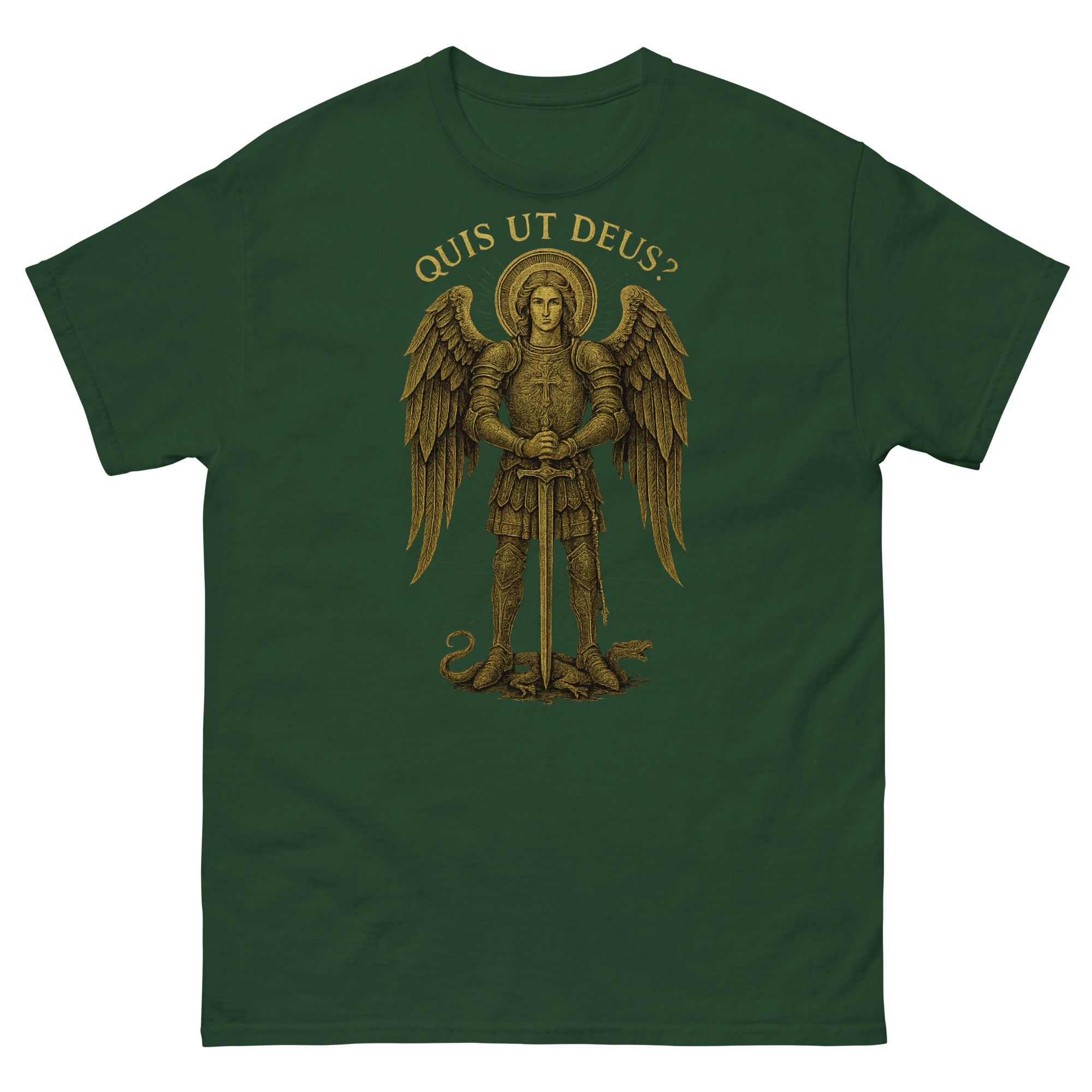 Green t-shirt with gold angel graphic and 'Quis Ut Deus?' text on a white background