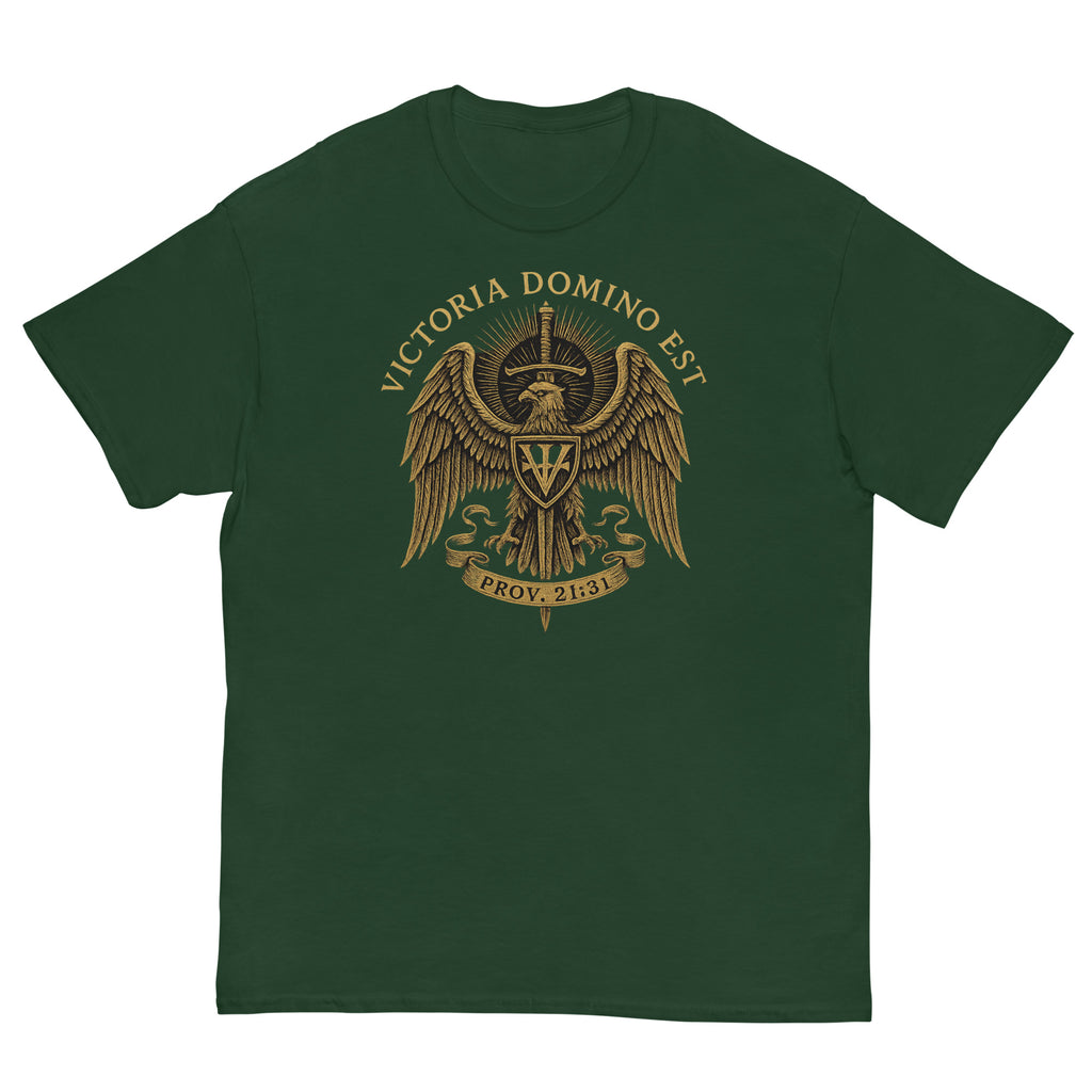 Green t-shirt with gold eagle emblem and text on a white background
