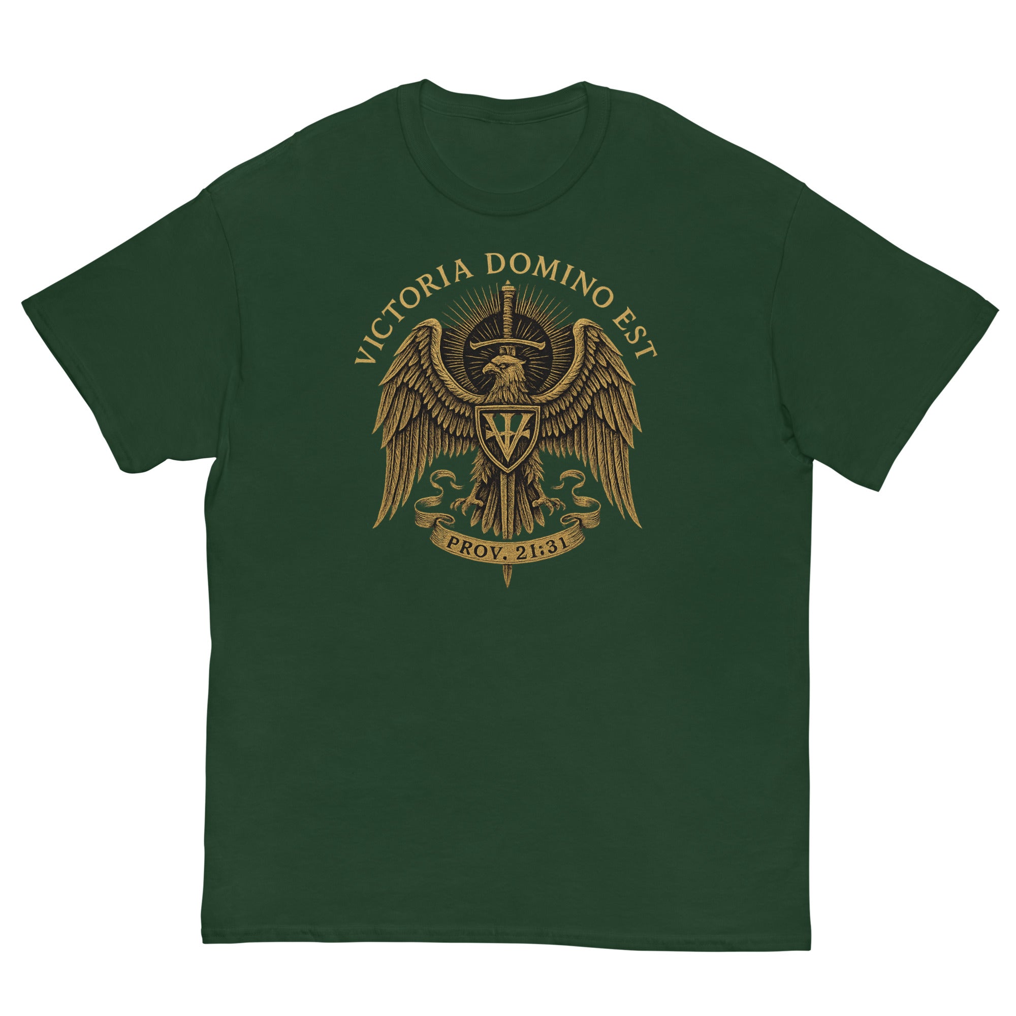 Green t-shirt with gold eagle emblem and text on a white background