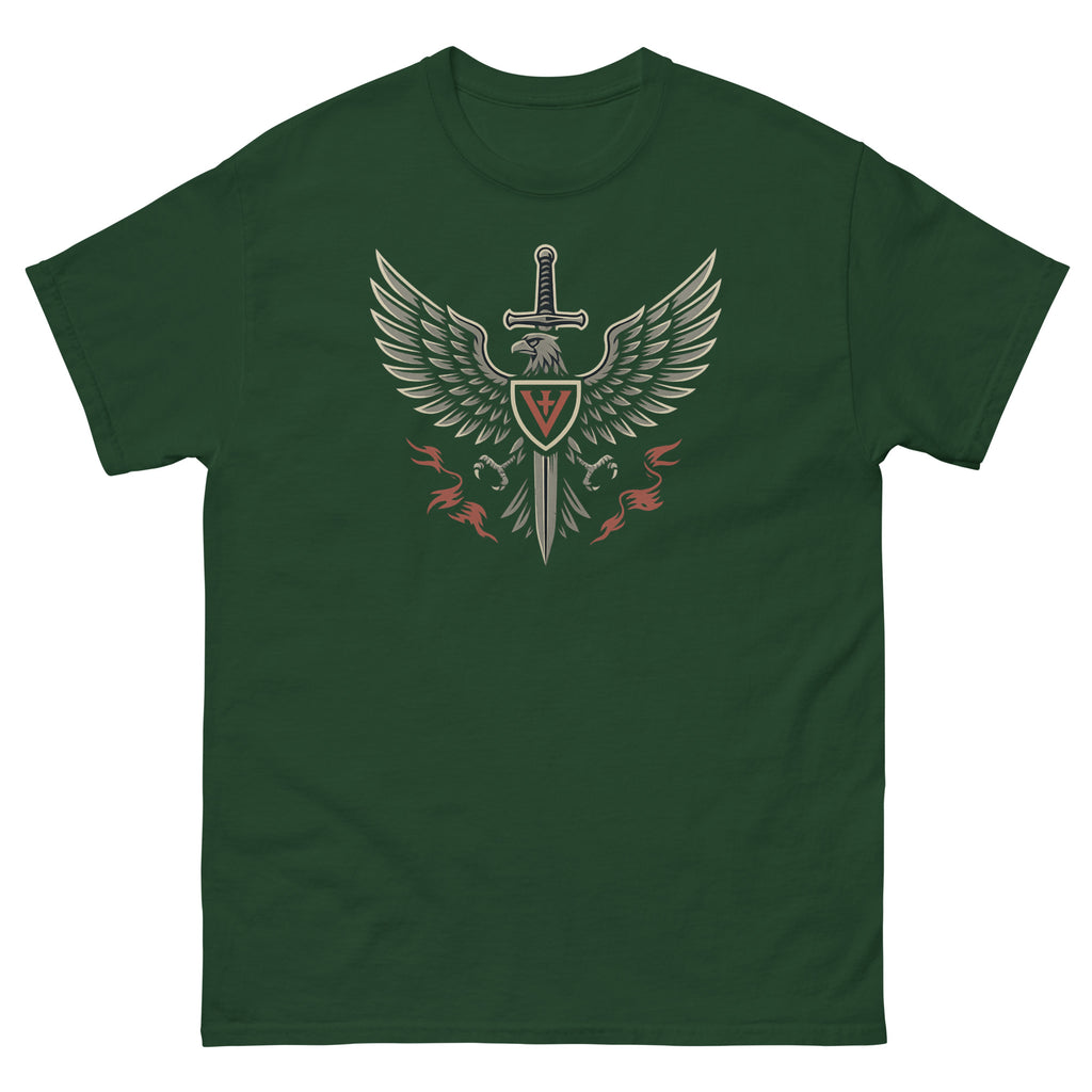 Green t-shirt with a sword and wings design on a white background