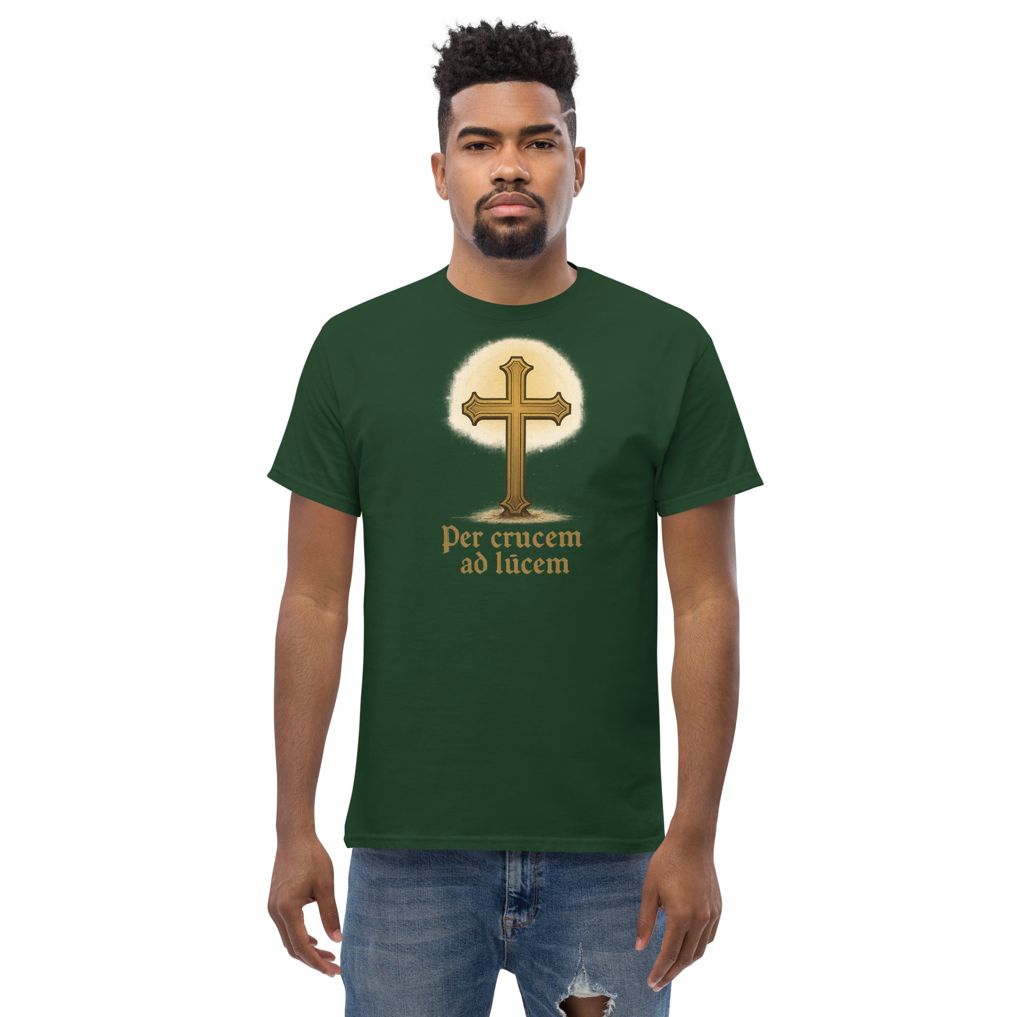 Man wearing a green t-shirt with a cross design and text on a white background