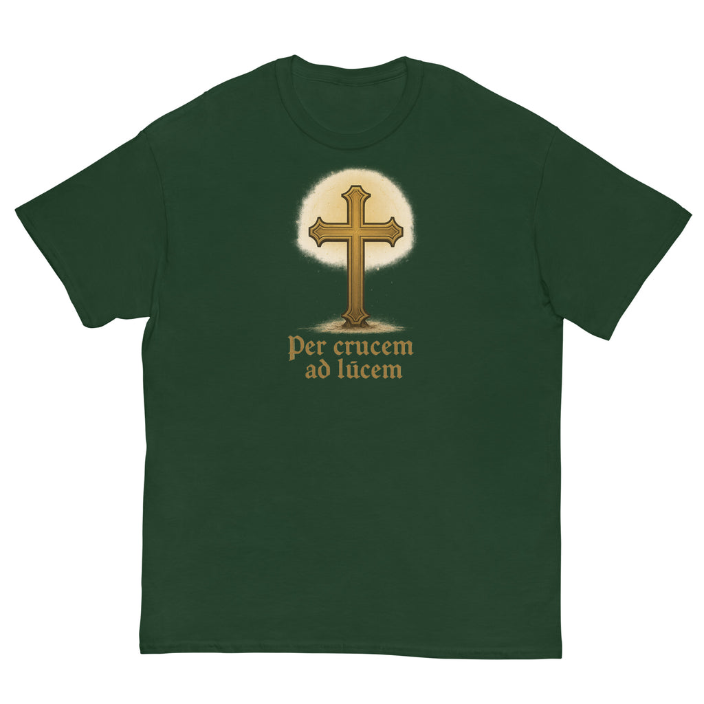 Green t-shirt with a cross design and text on a white background