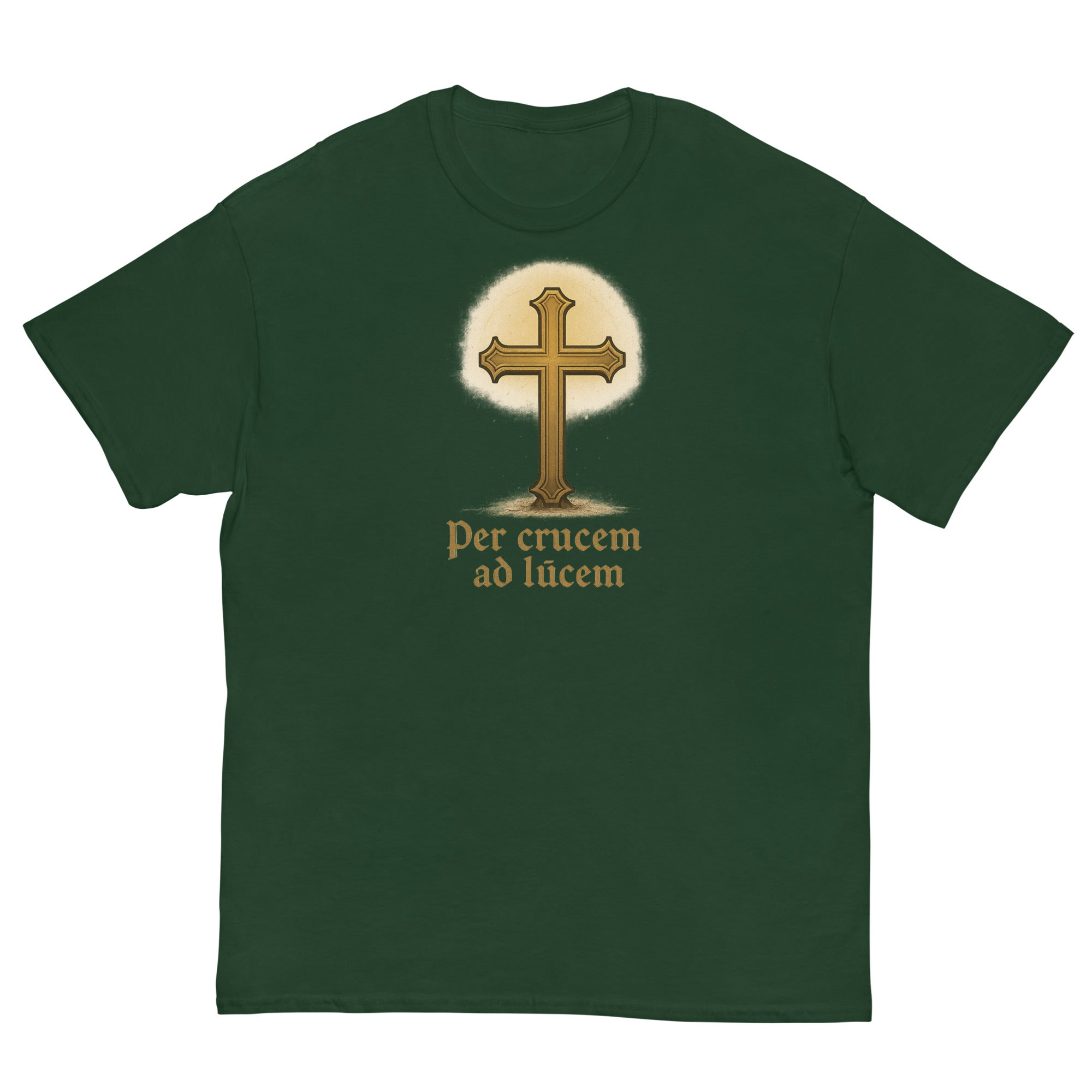 Green t-shirt with a cross design and text on a white background