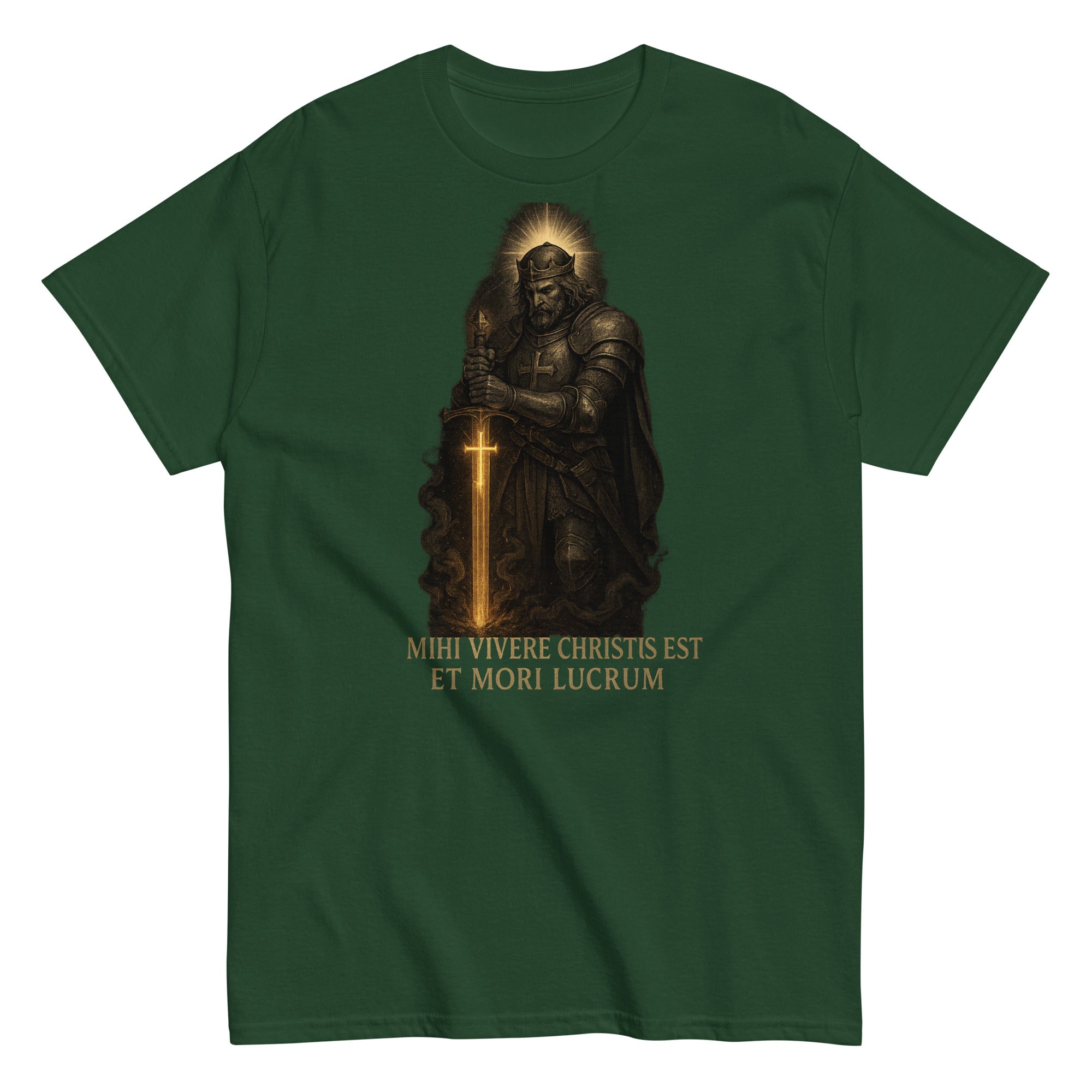 Green t-shirt with a warrior holding a sword graphic and text on a white background