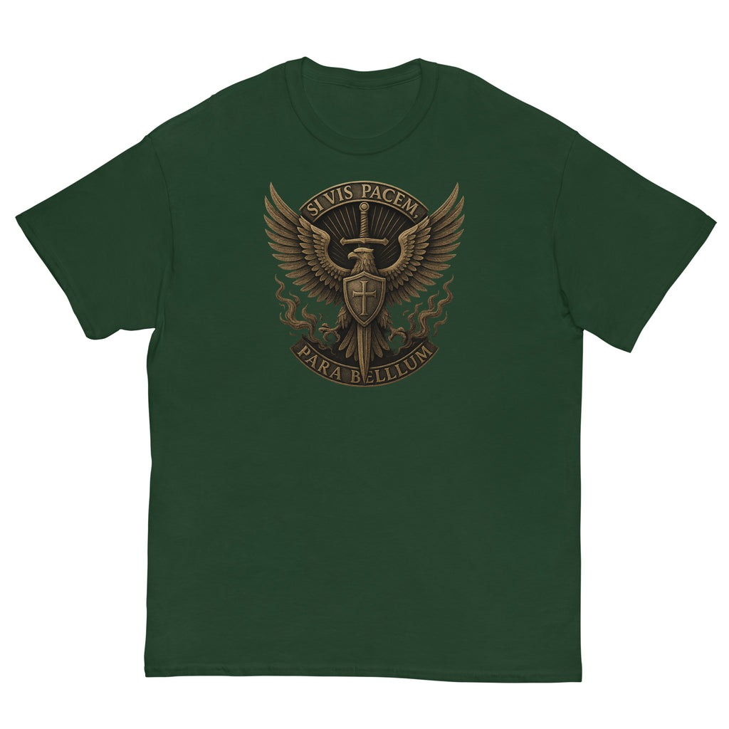 Green t-shirt with a gold emblem on a white background