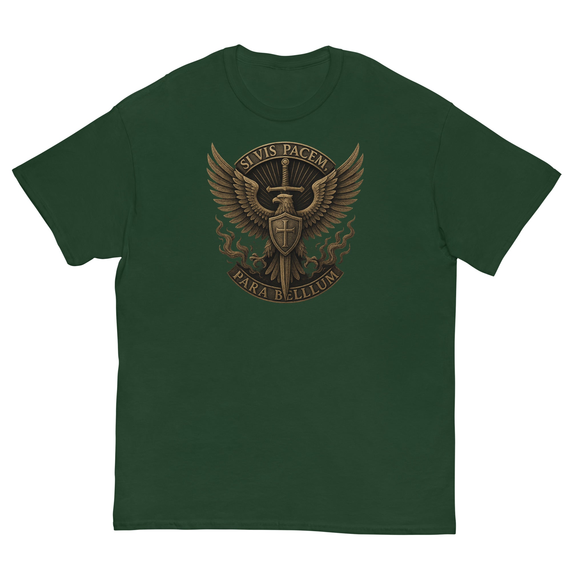 Green t-shirt with a gold emblem on a white background
