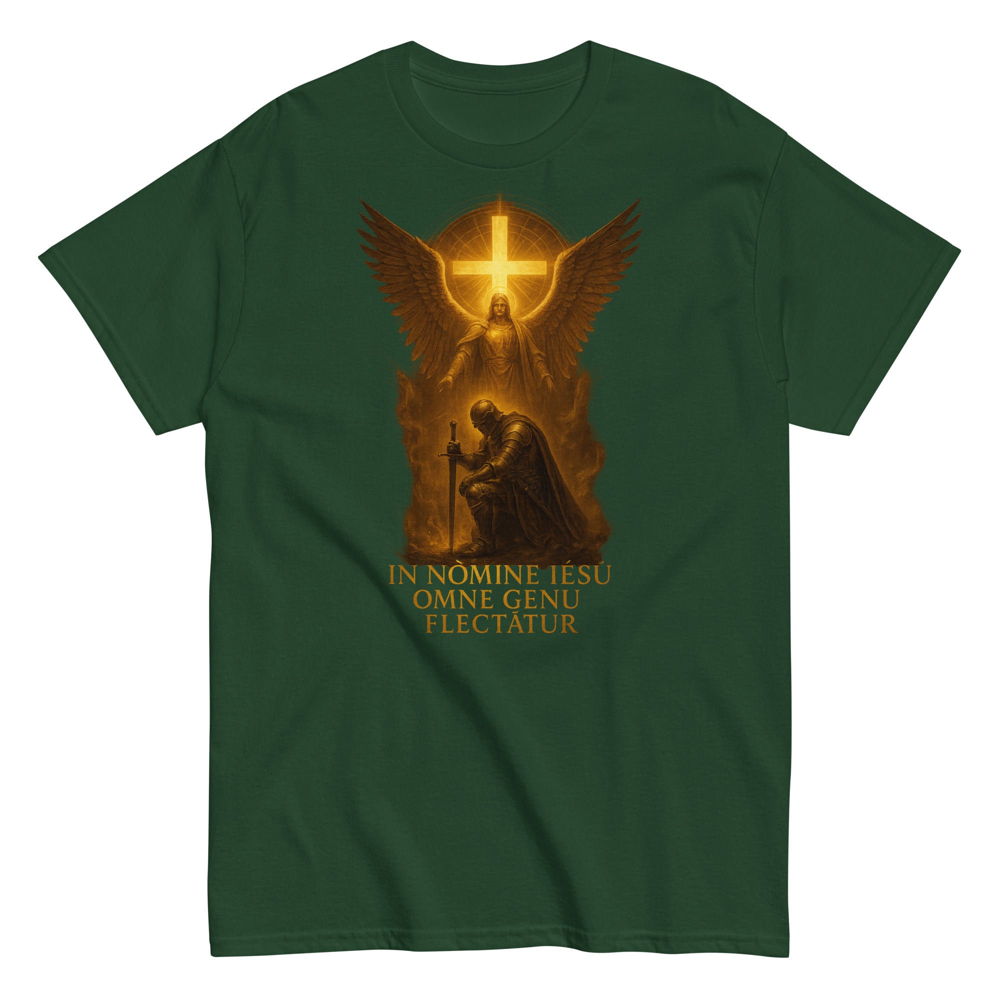 Green t-shirt with a religious design featuring a cross and text on a white background